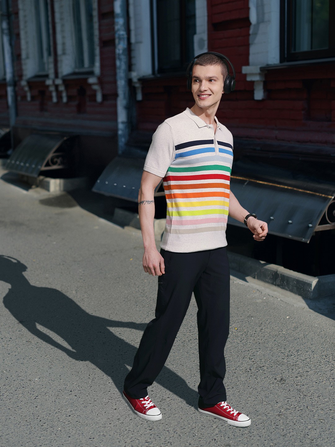 

United Colors of Benetton Men Off White & Red Striped Polo Collar Cotton T-shirt