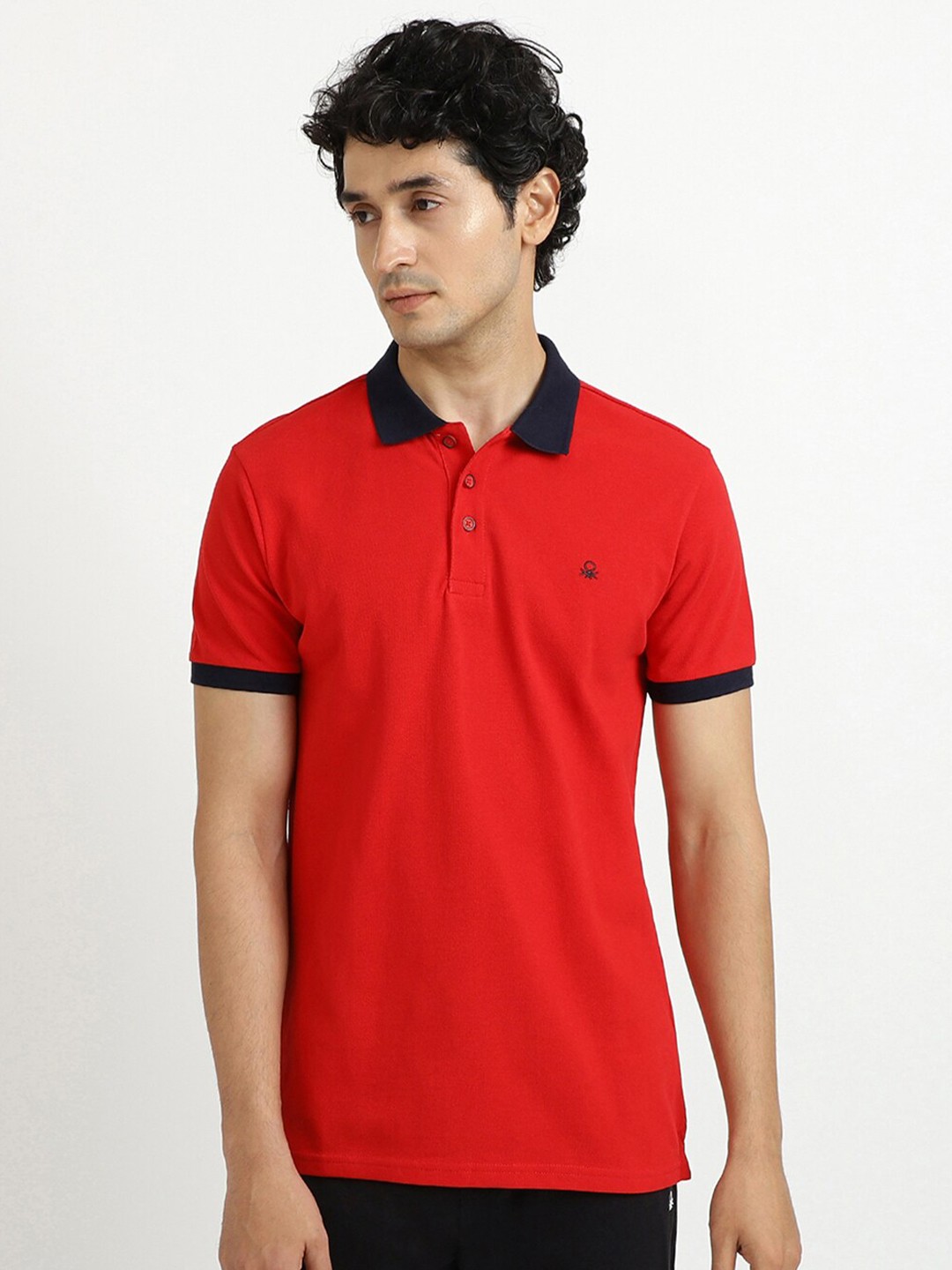 

United Colors of Benetton Men Red & Black Polo Collar Cotton T-shirt