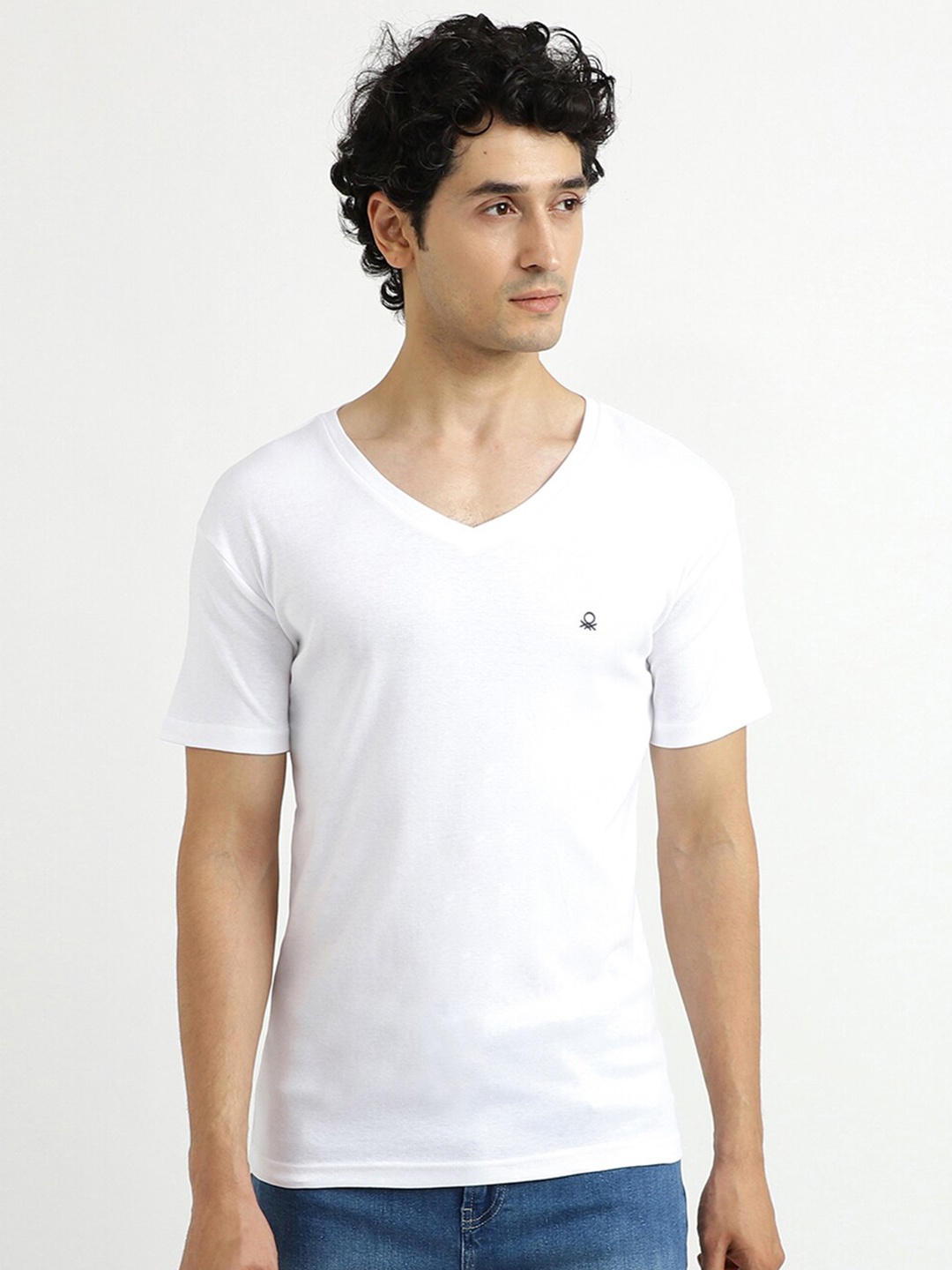 

United Colors of Benetton Men White V-Neck Cotton T-shirt