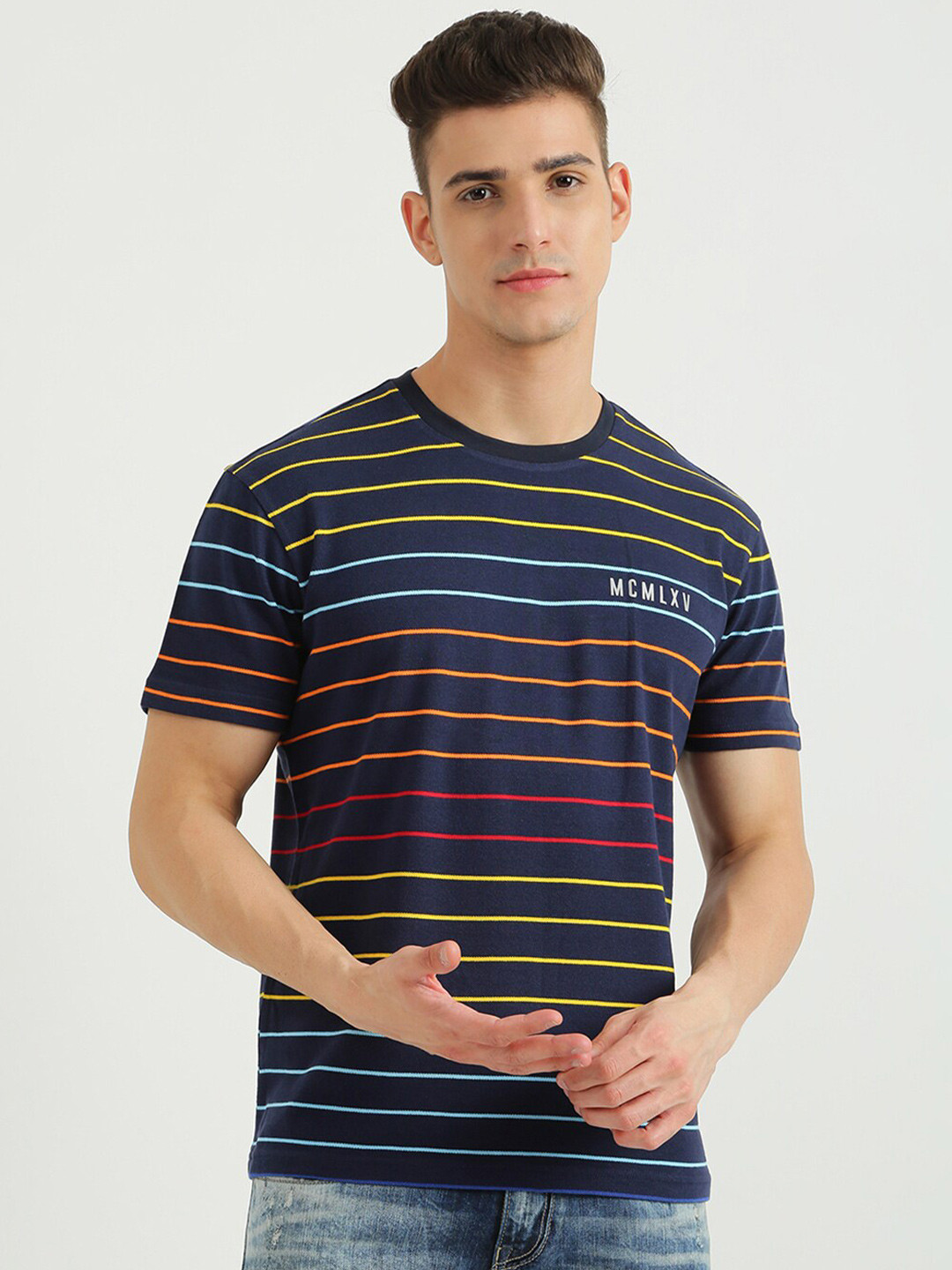 

United Colors of Benetton Men Blue & Pink Striped Cotton T-shirt
