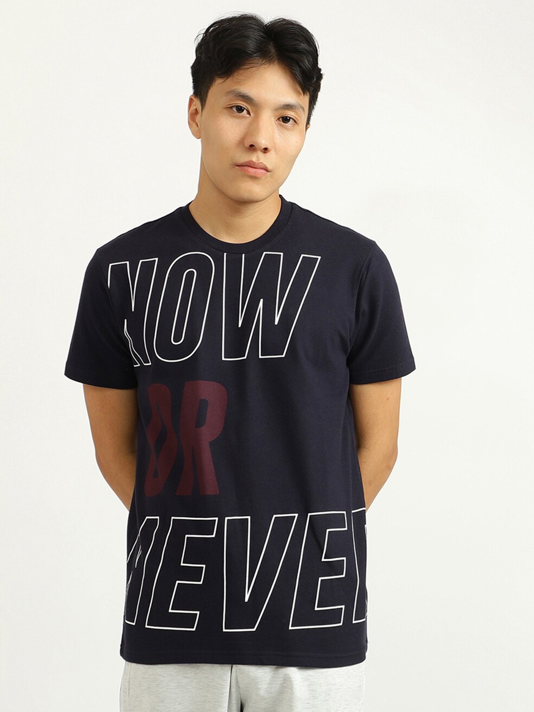 

United Colors of Benetton Men Navy Blue Typography Printed Cotton T-shirt
