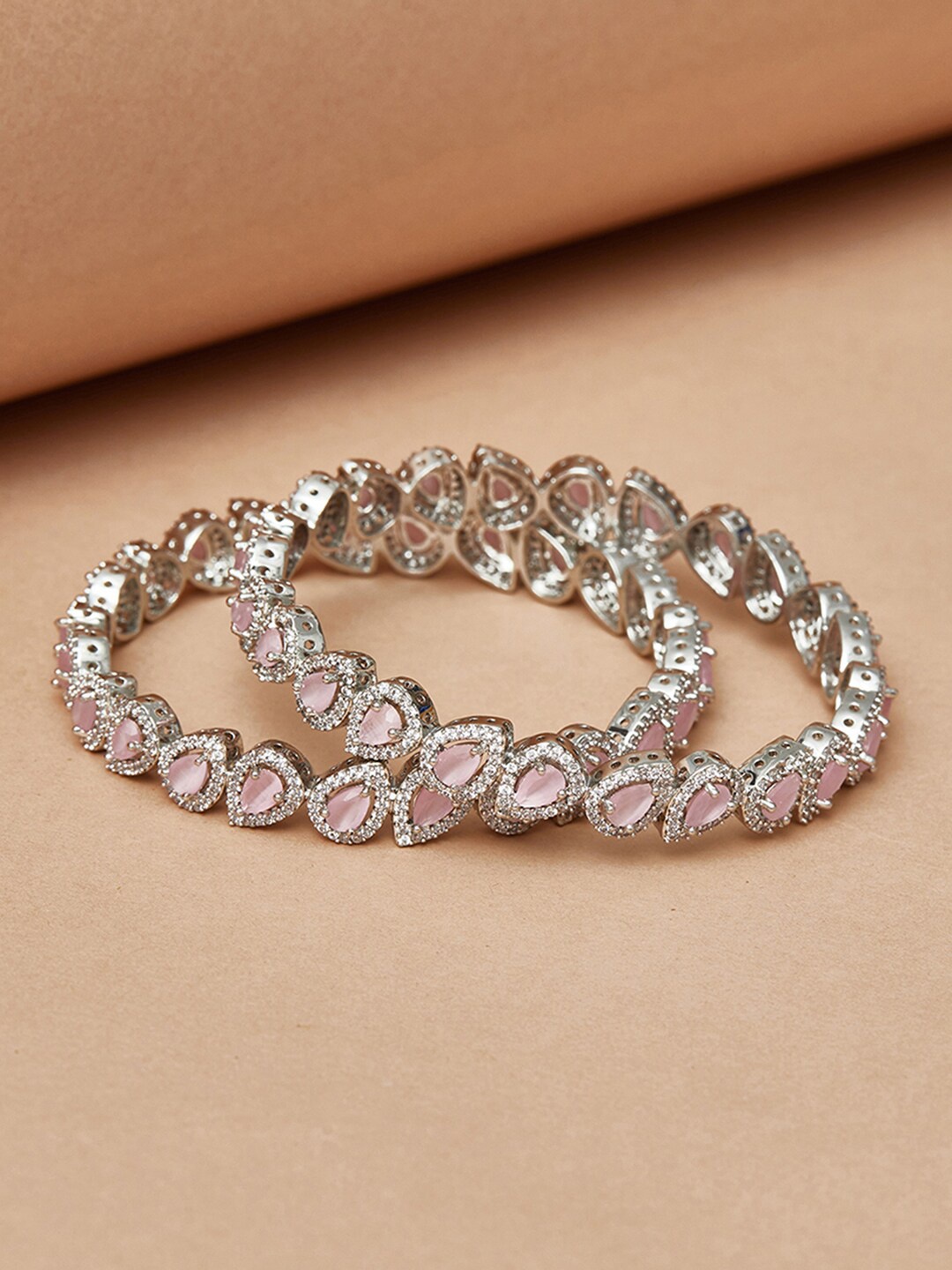 

Voylla Set Of 2 Rhodium-Plated & Pink Stone-Studded Bangle, Silver