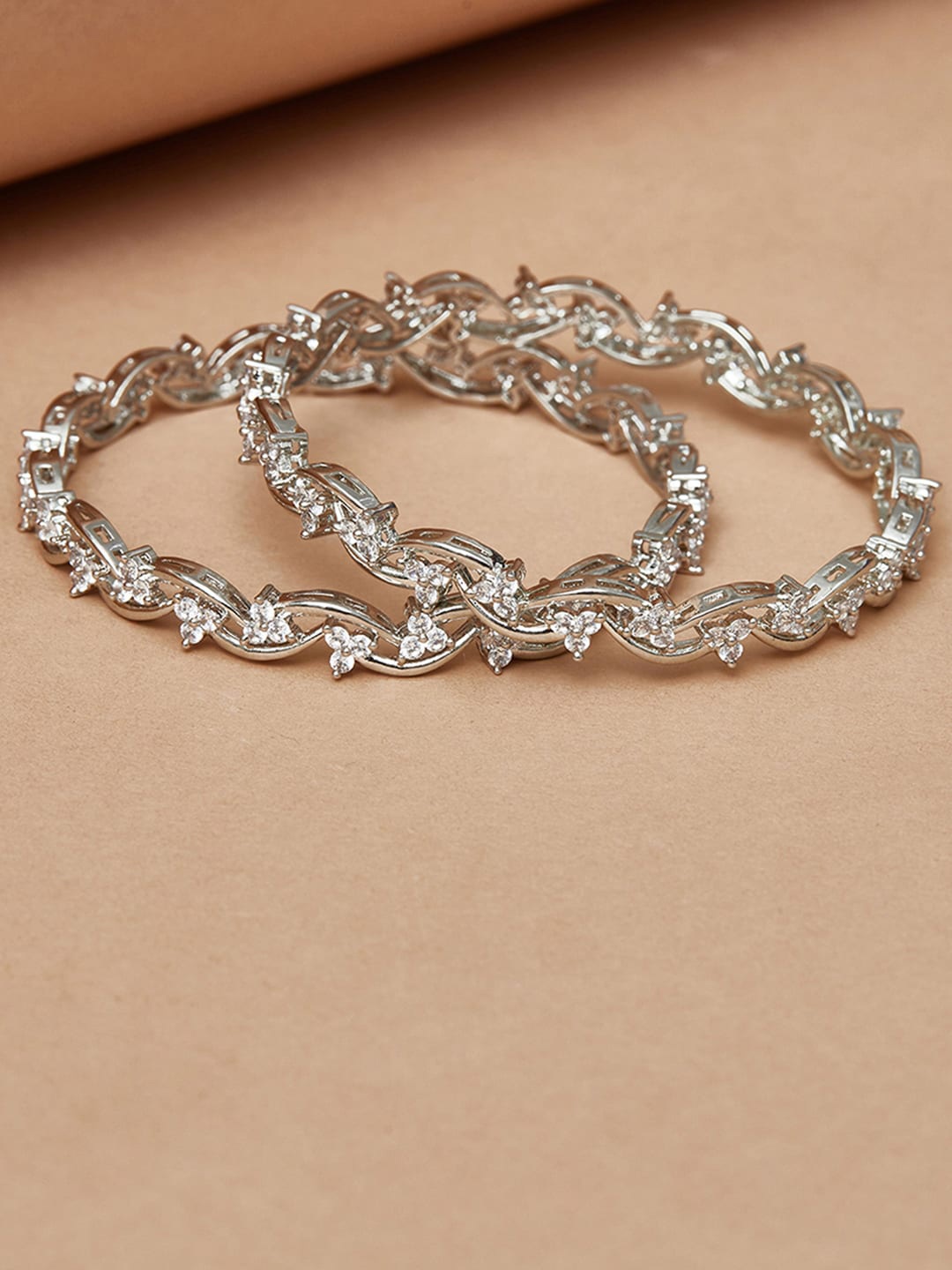 

Voylla Set Of 2 Rhodium-Plated Silver-Toned & White CZ Studded Bangles