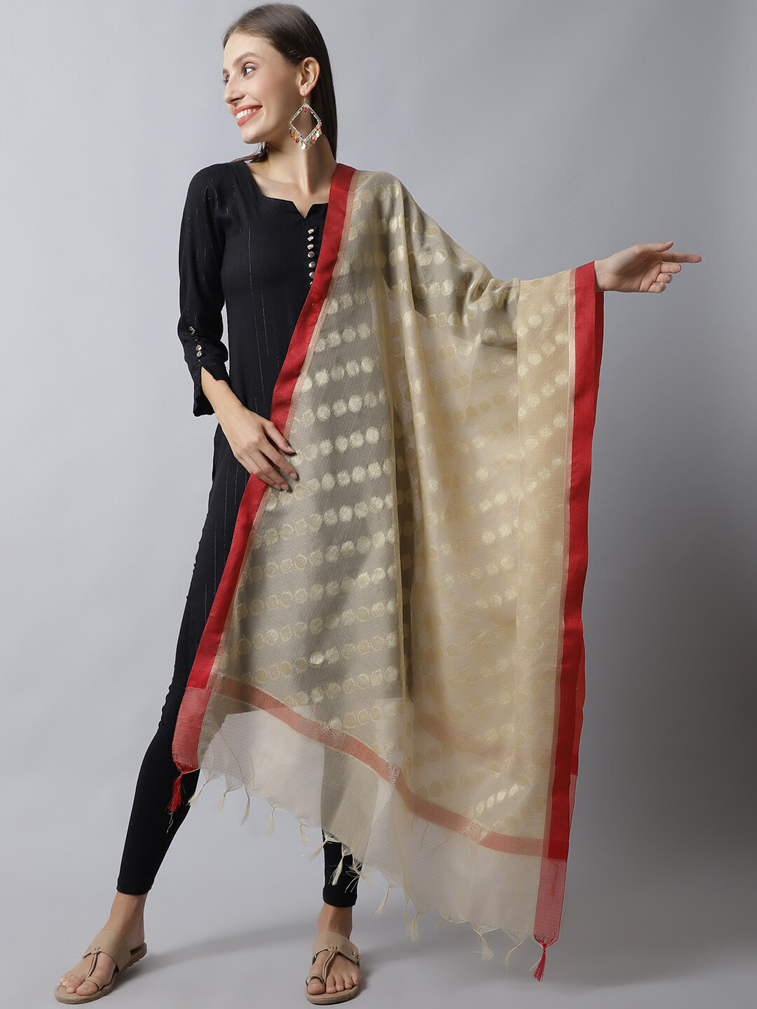 

LOOM LEGACY Gold-Toned & Red Woven Design Cotton Silk Dupatta