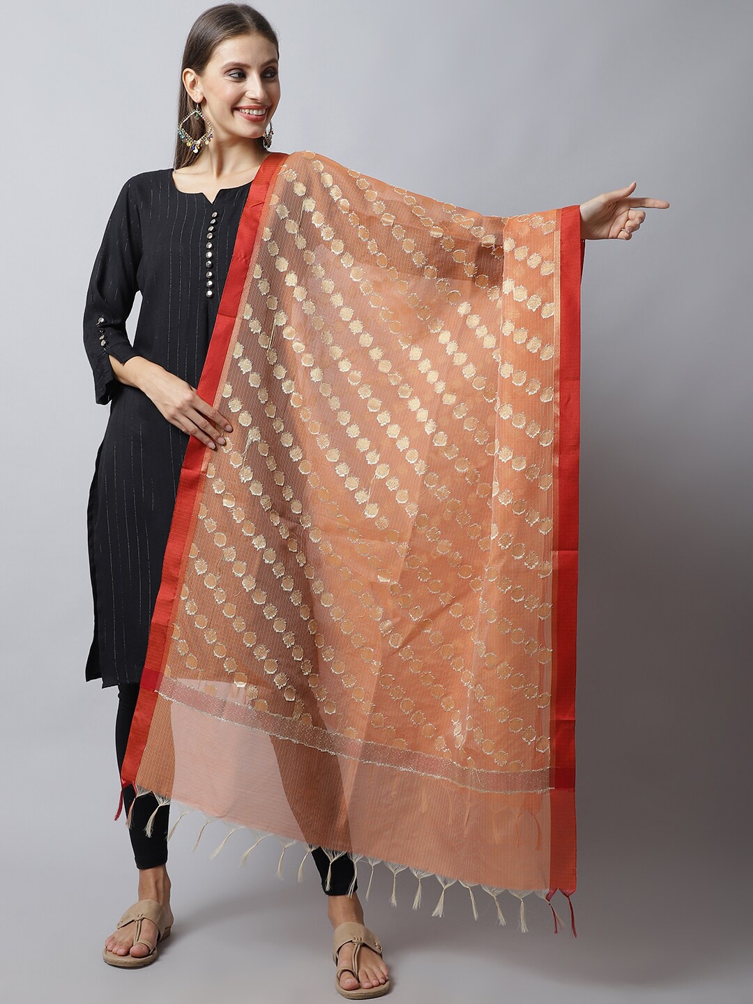 

LOOM LEGACY Orange & Gold-Toned Woven Design Cotton Silk Dupatta