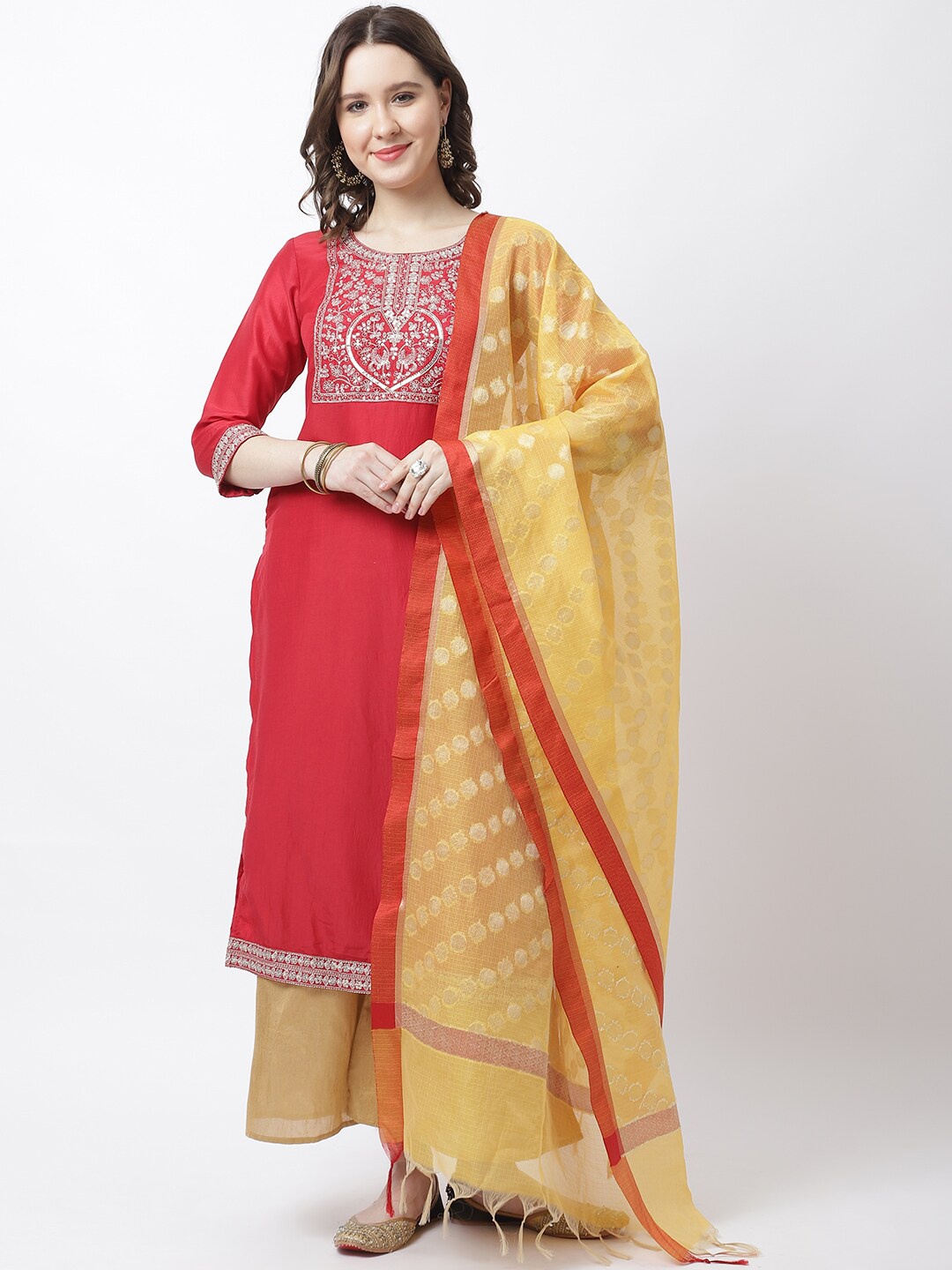 

LOOM LEGACY Yellow & Red Woven Design Cotton Silk Dupatta