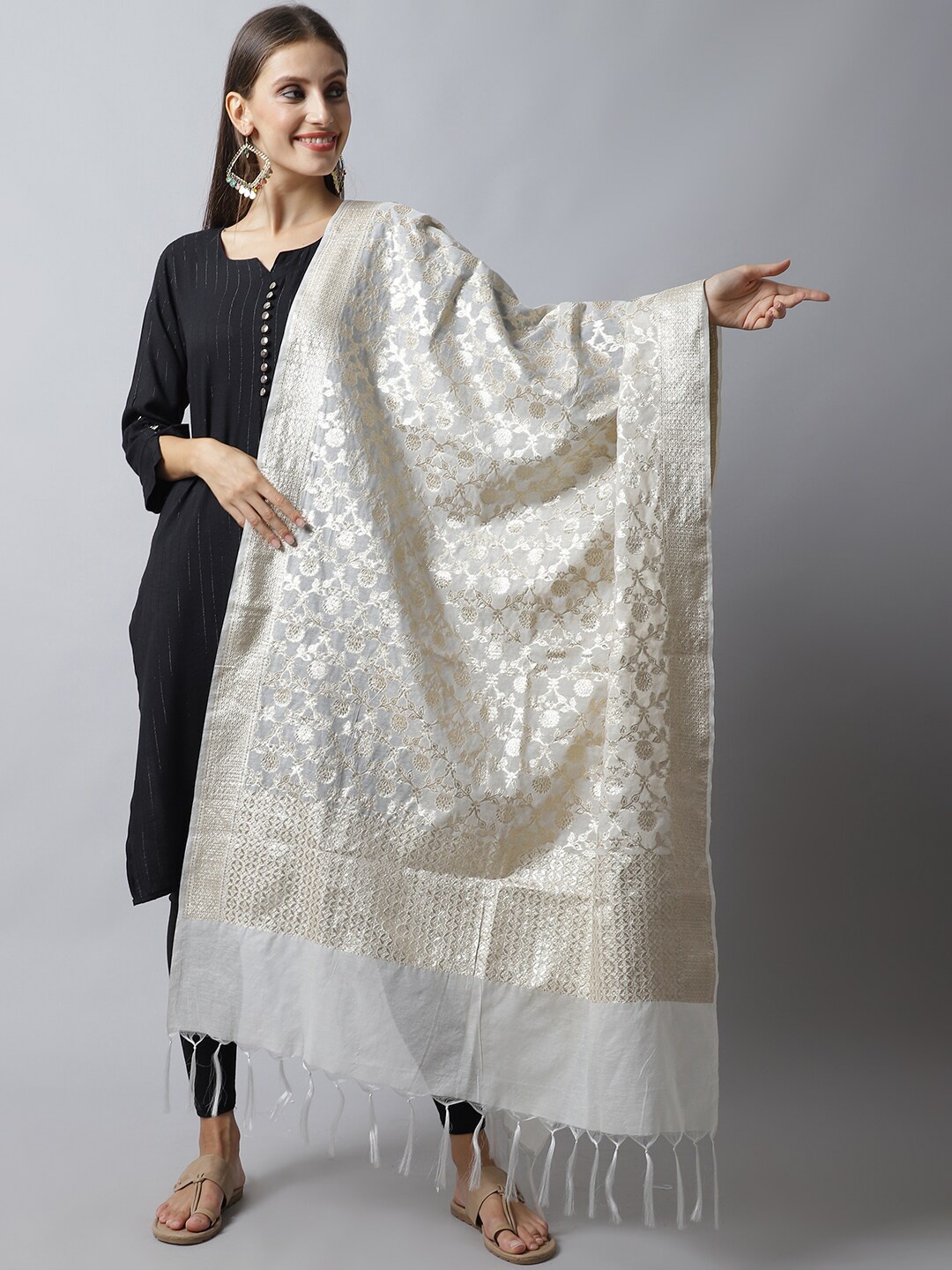 

LOOM LEGACY Off White & Silver-Toned Woven Design Dupatta with Zari