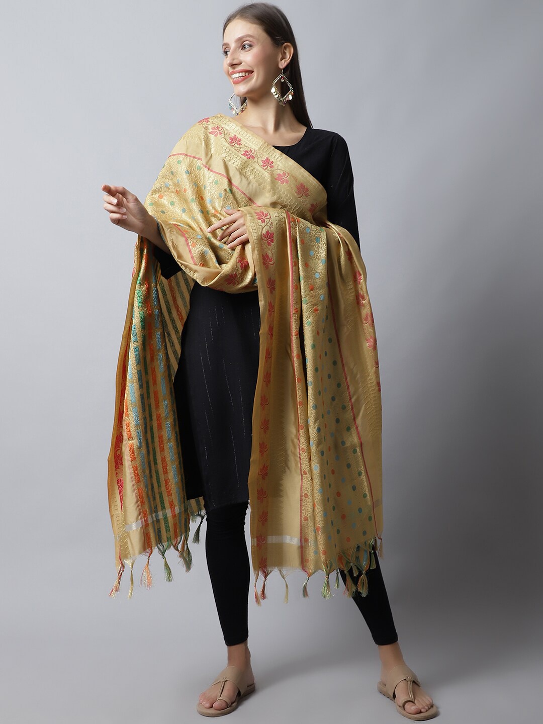 

LOOM LEGACY Gold-Toned & Pink Woven Design Dupatta