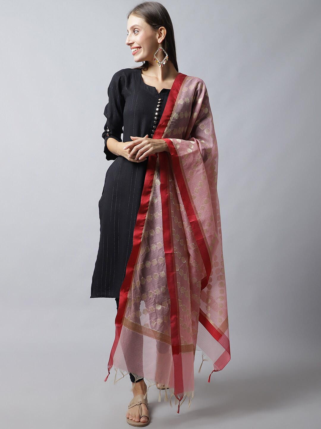 

LOOM LEGACY Pink & Red Woven Design Cotton Silk Dupatta