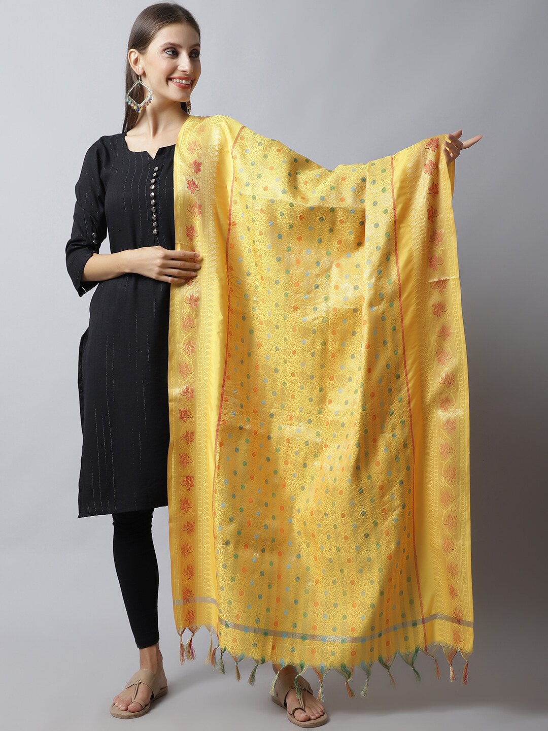 

LOOM LEGACY Yellow & Red Printed Dupatta with Zari