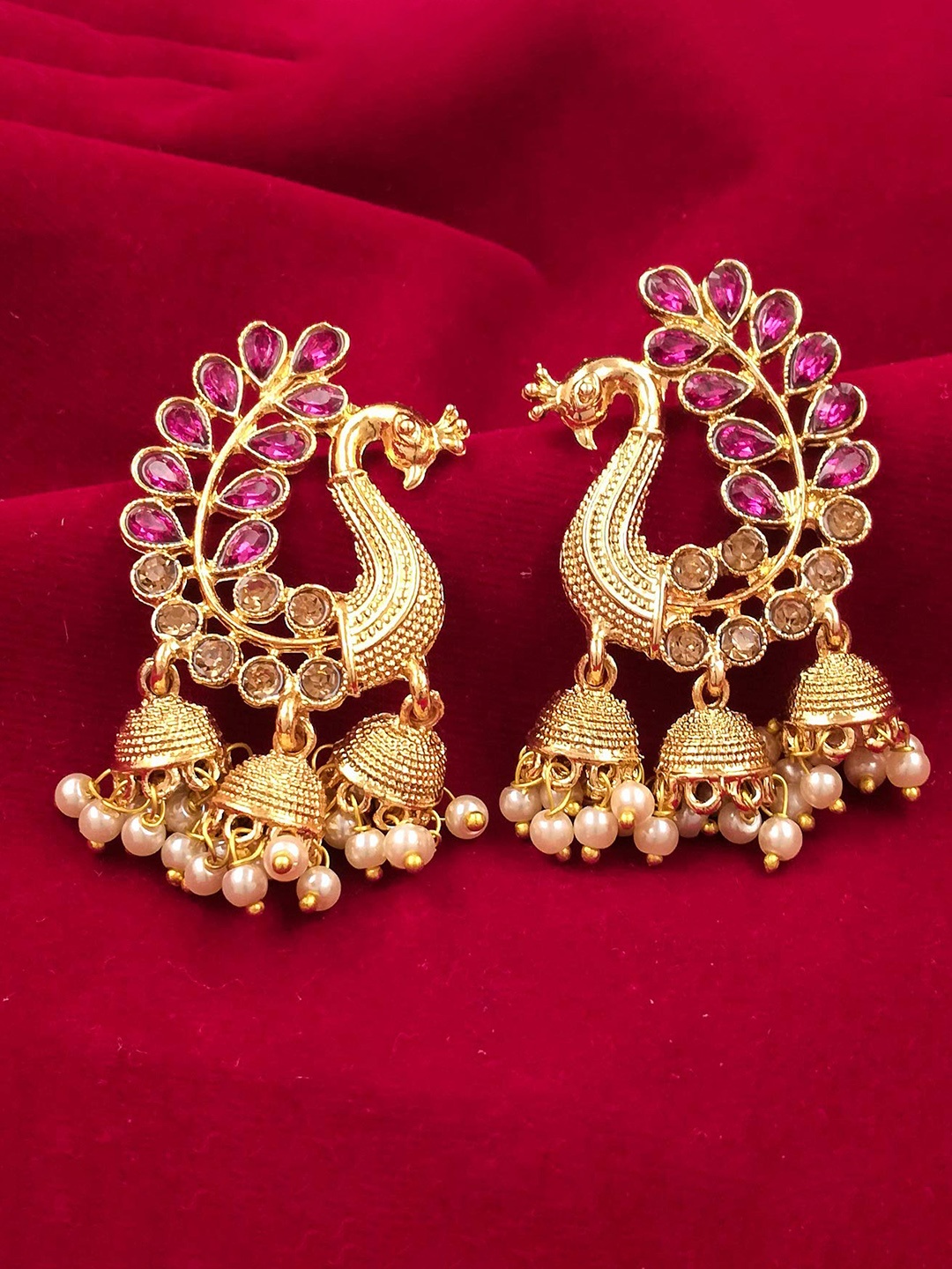 

Saizen Pink Peacock Shaped Jhumkas Earrings