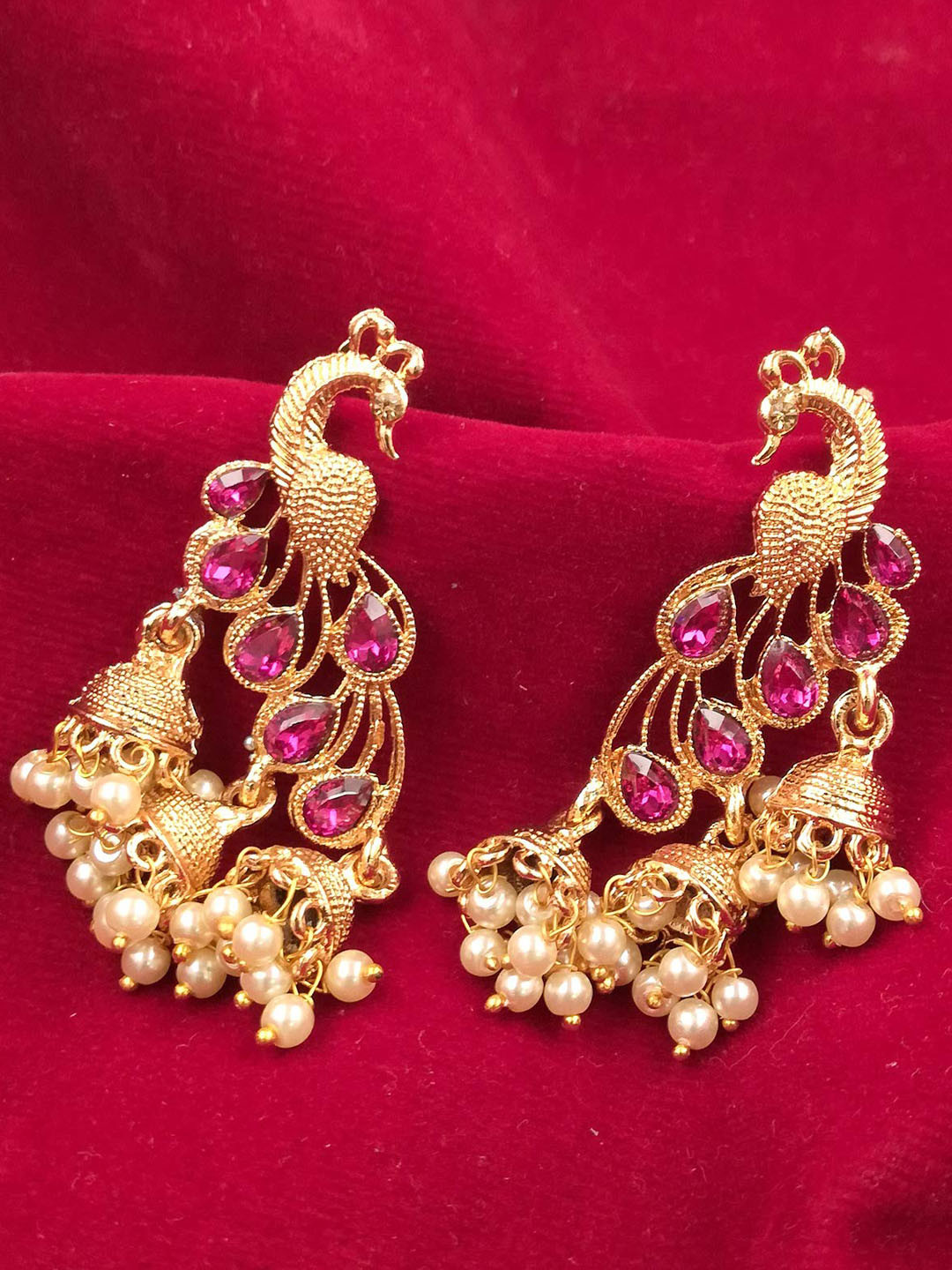 

Saizen Pink Peacock Shaped Jhumkas Earrings