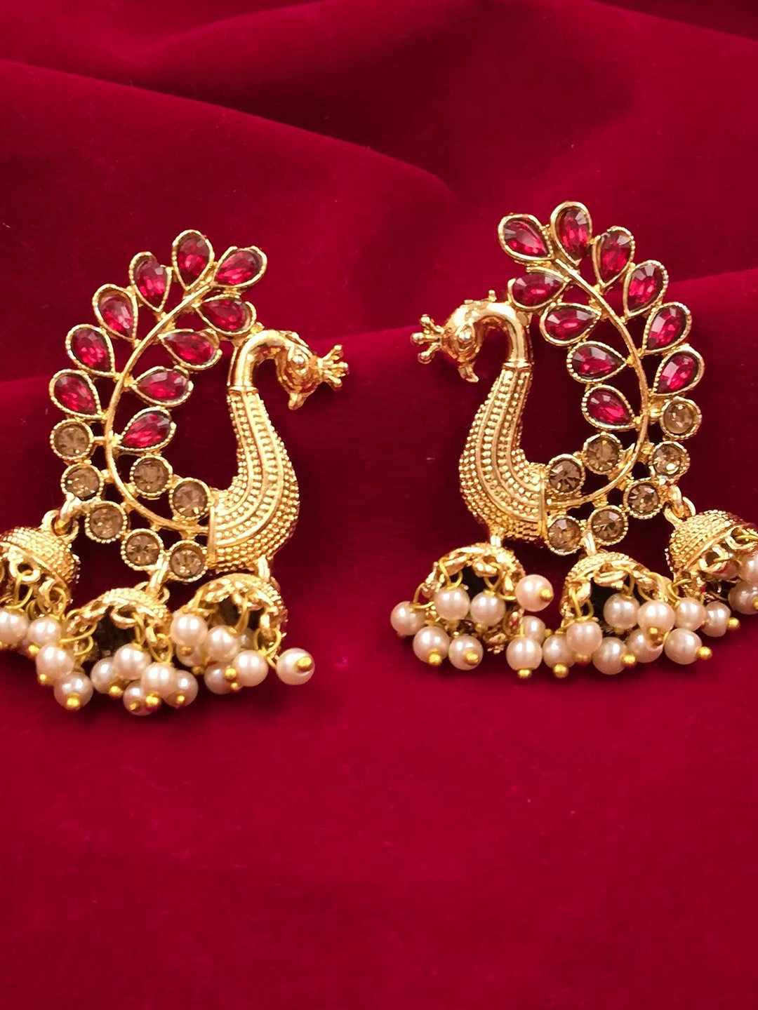 

Saizen Red Gold Plated Peacock Shaped Jhumkas Earrings