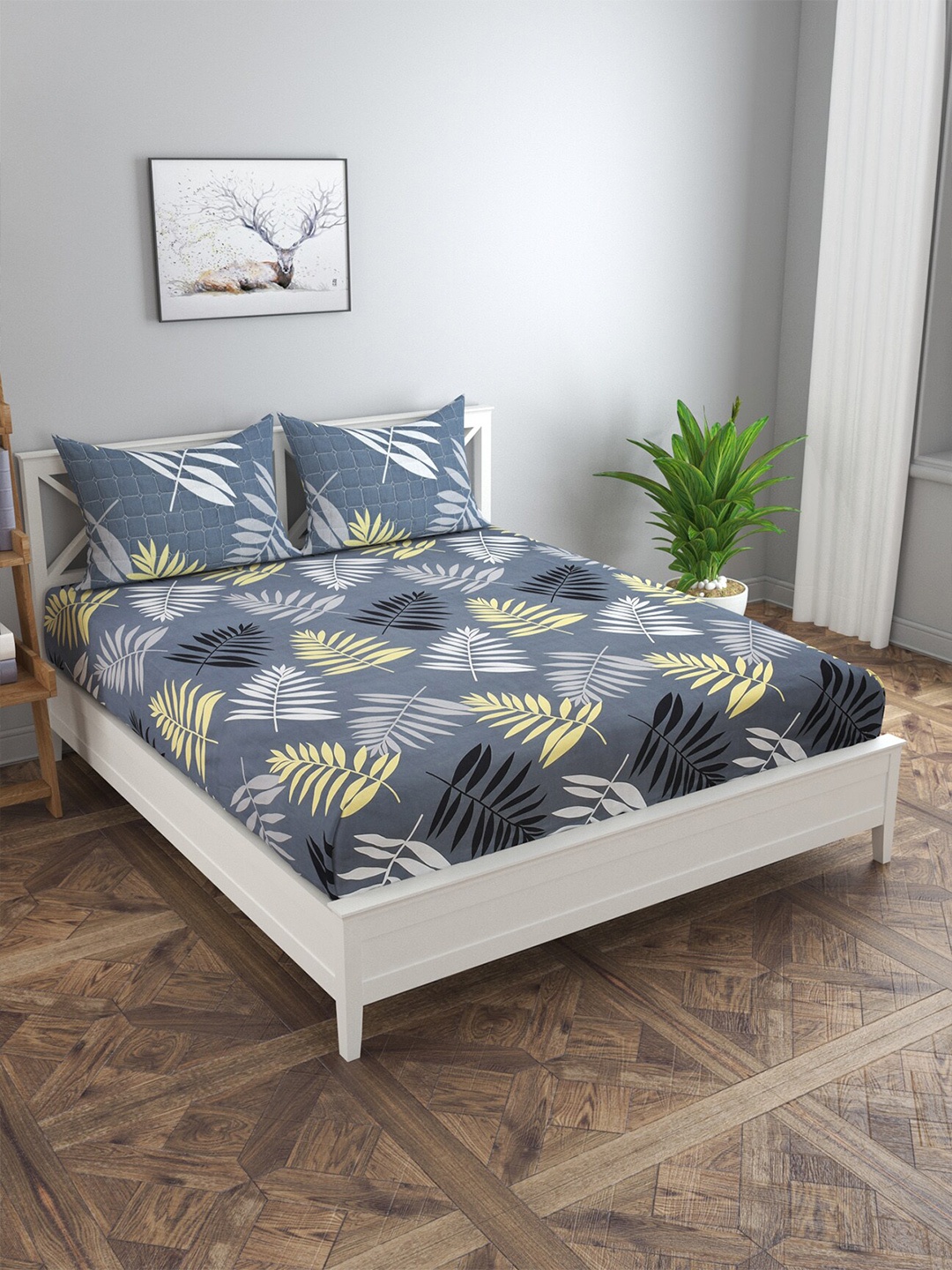 

MORADO Charcoal & Yellow Floral 210 TC Queen Bedsheet with 2 Pillow Covers