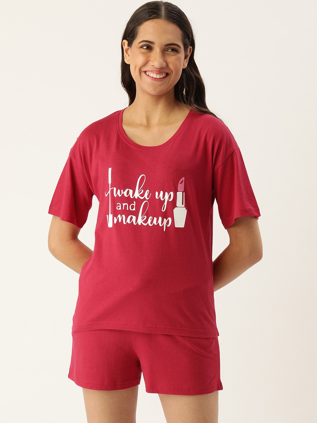 

Slumber Jill Women Red & White Pure Cotton Printed Night Suit