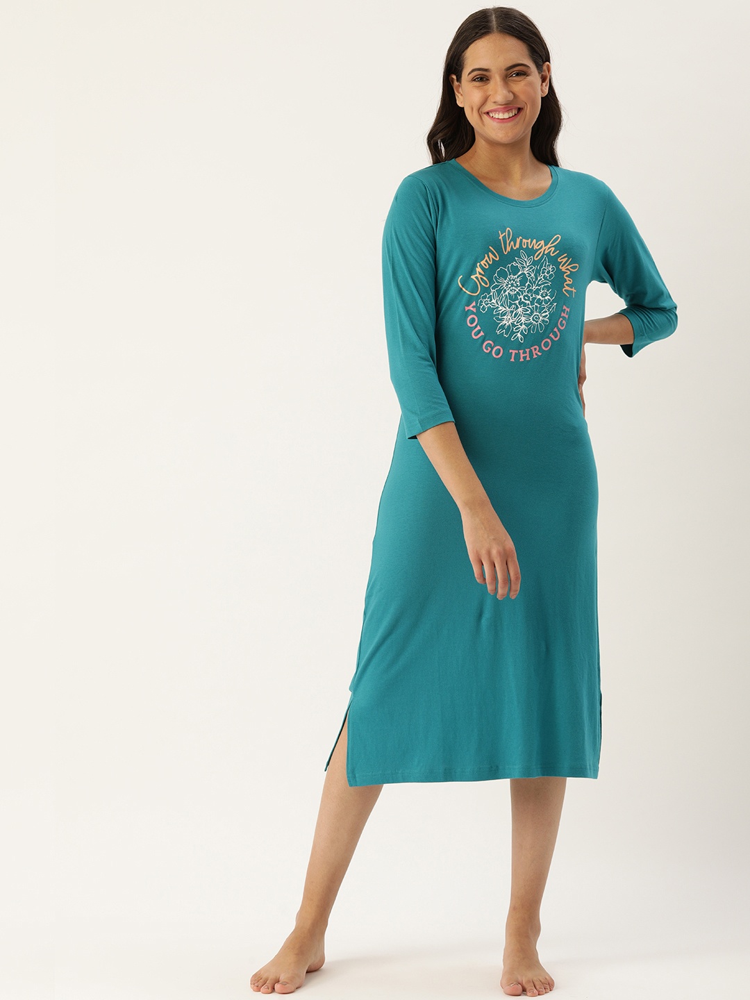 

Slumber Jill Teal Blue & White Printed Pure Cotton Nightdress