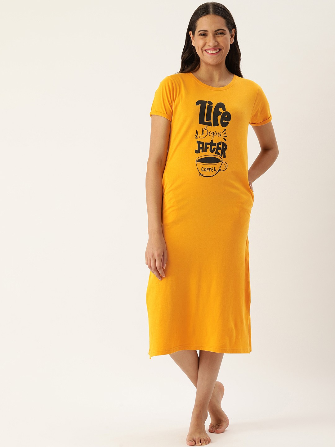 

Slumber Jill Yellow & Coffee Brown Printed Pure Cotton Nightdress