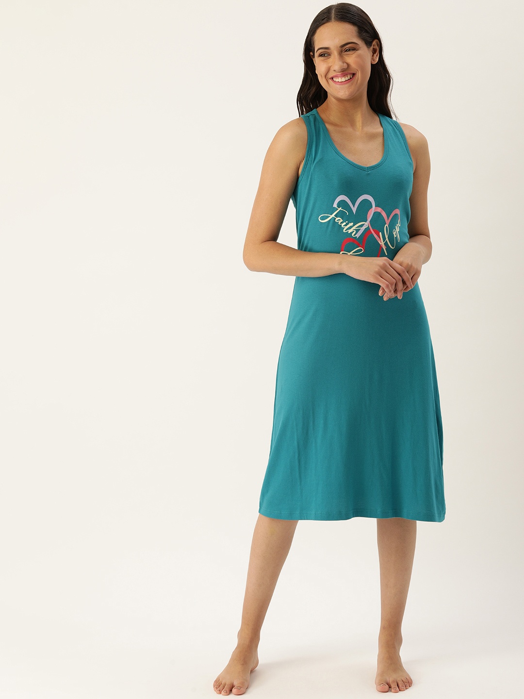 

Slumber Jill Teal Blue & Yellow Printed Pure Cotton Nightdress