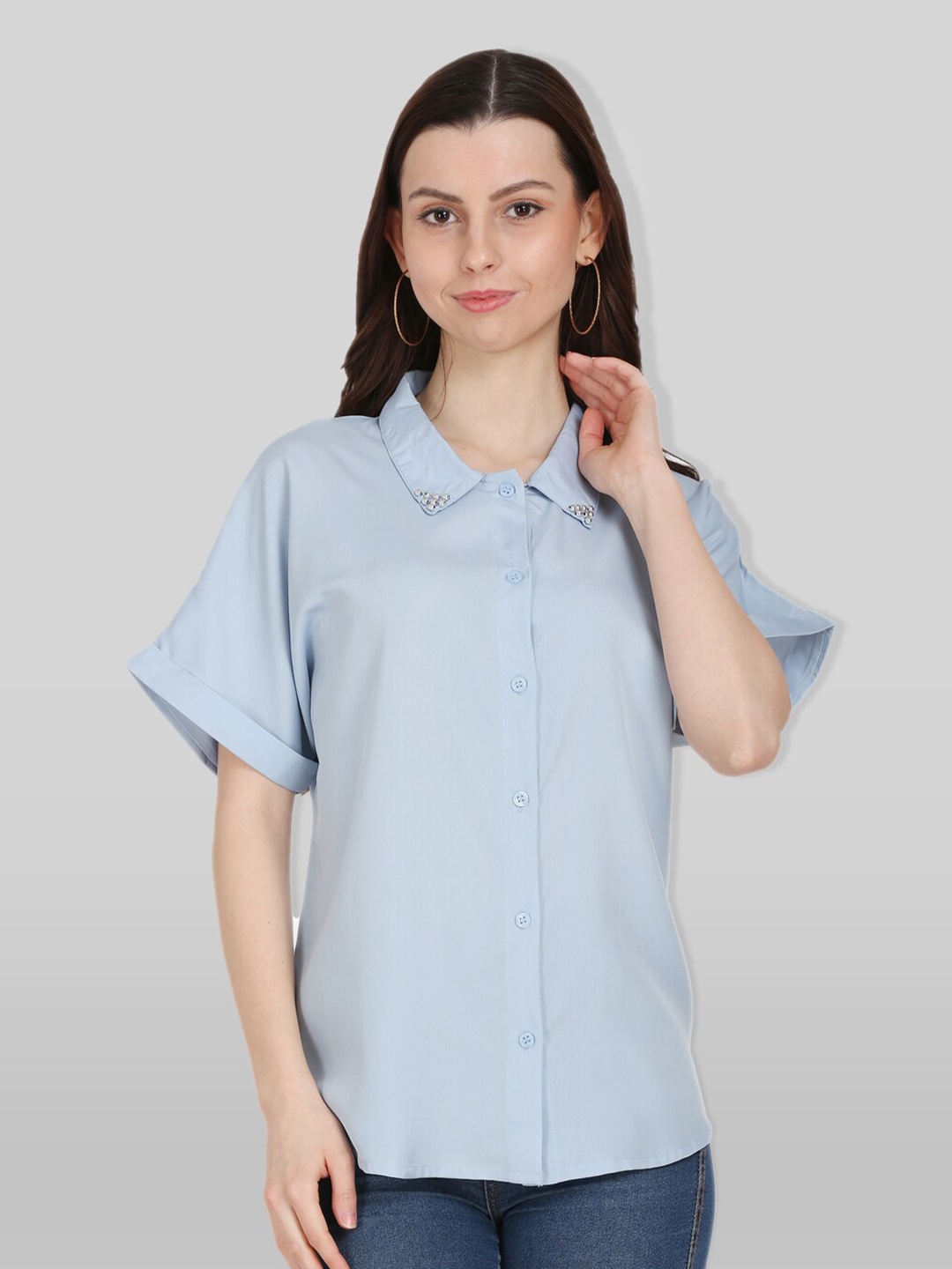 

PRETTY LOVING THING Blue Embellished Roll-Up Sleeves Shirt Style Top