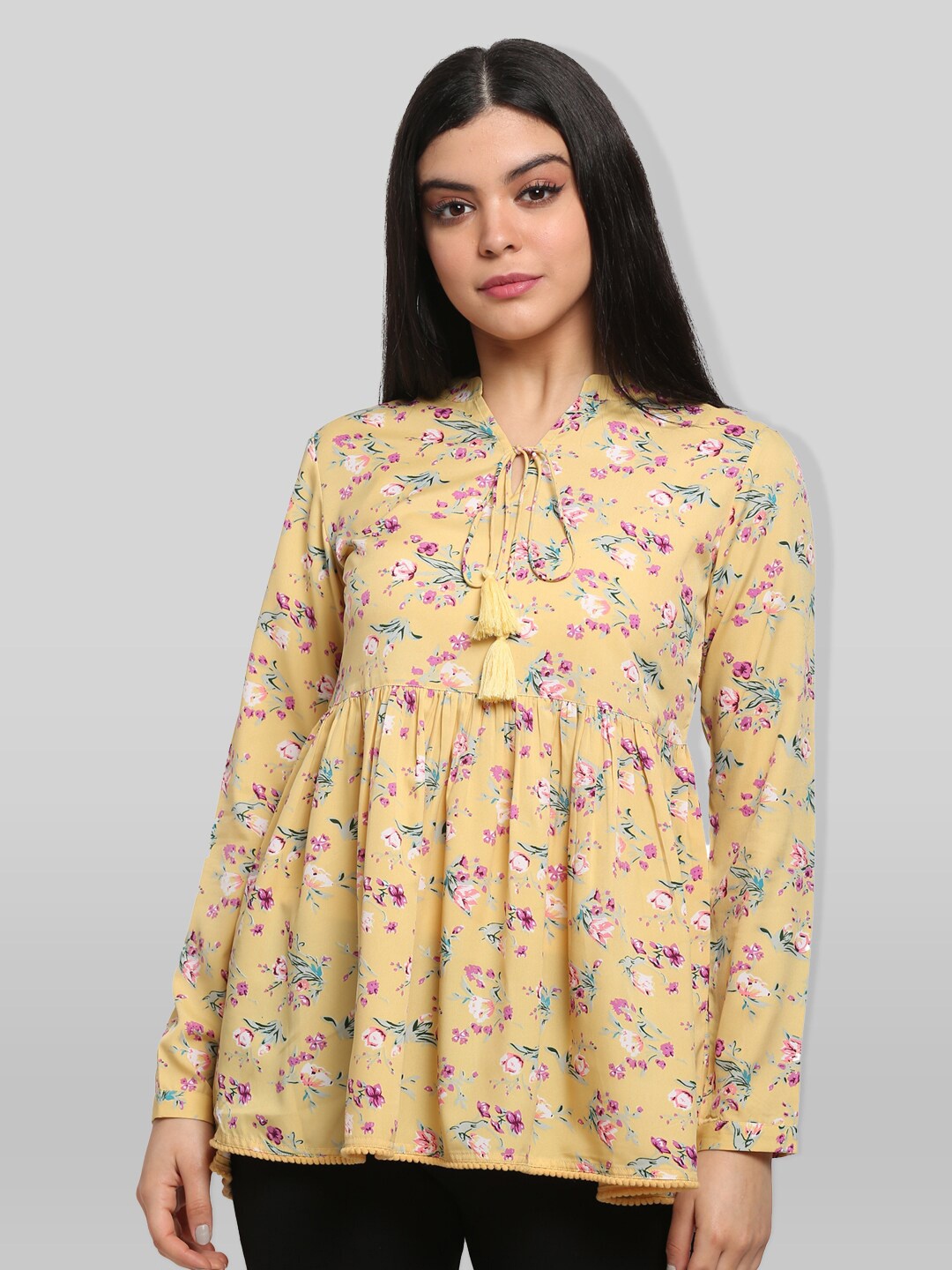 

PRETTY LOVING THING Yellow & Pink Floral Print Tie-Up Neck Empire Top