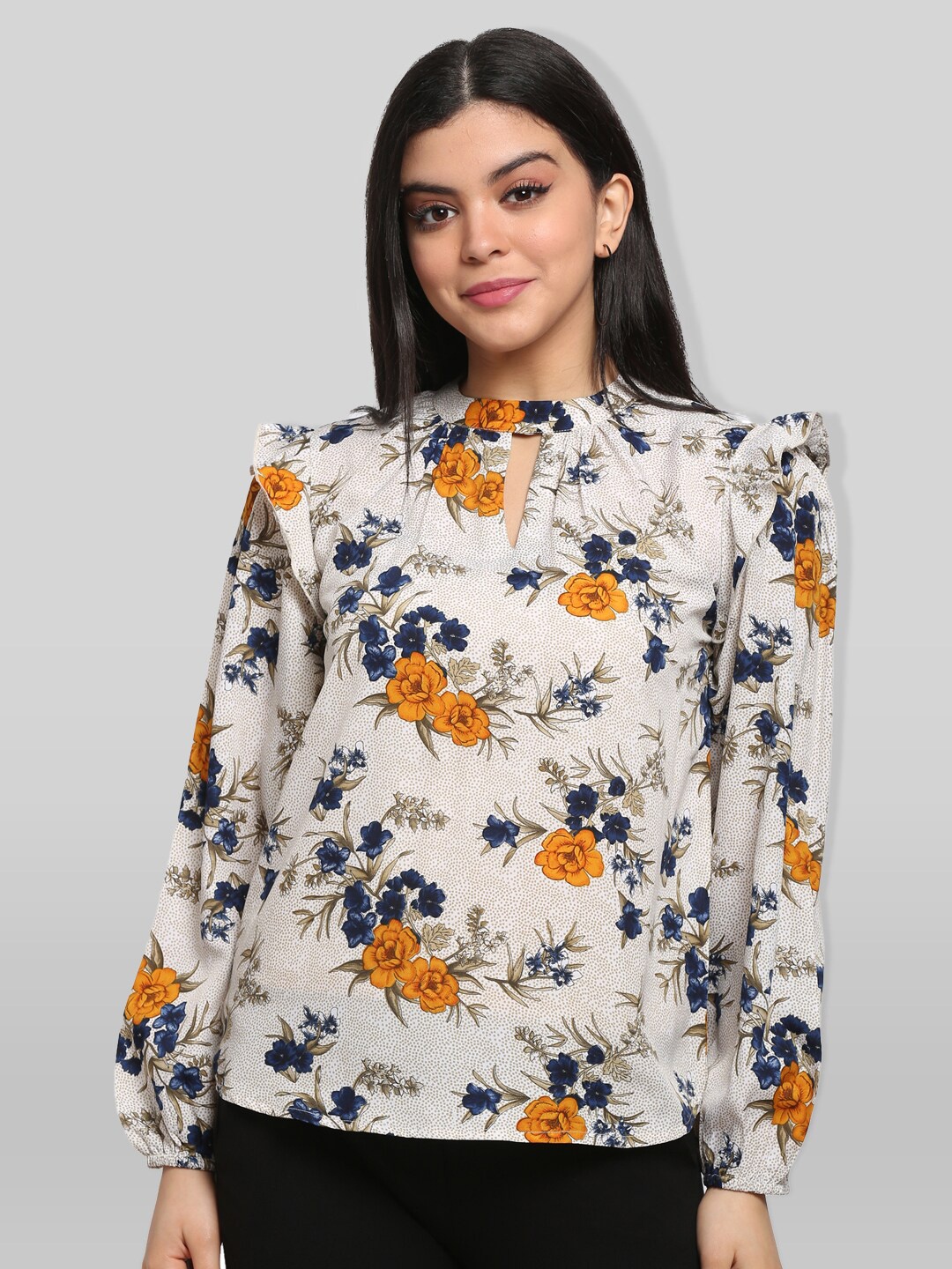 

PRETTY LOVING THING White & Yellow Floral Print Keyhole Neck Top