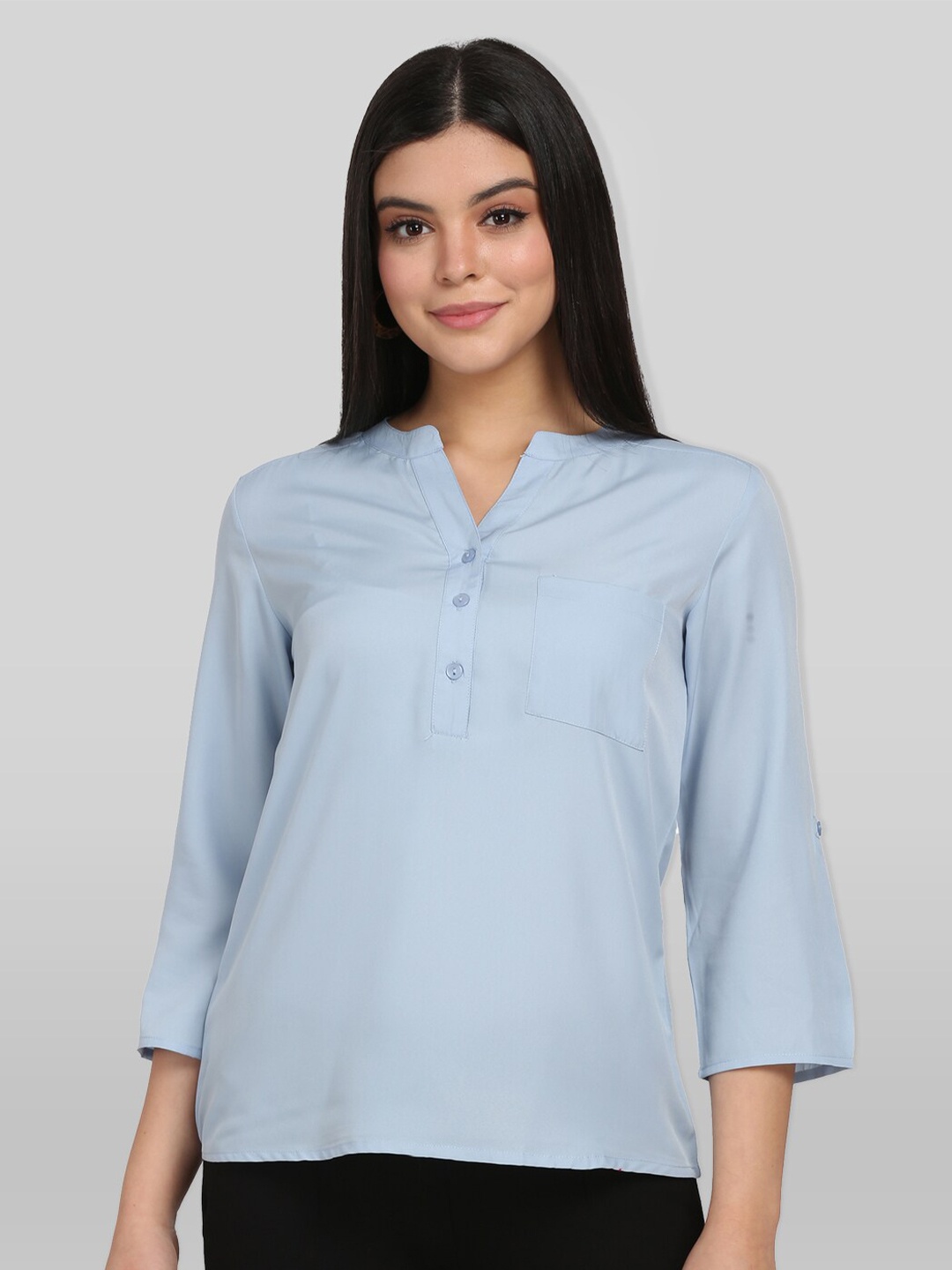 

PRETTY LOVING THING Blue Mandarin Collar Roll-Up Sleeves Shirt Style Top