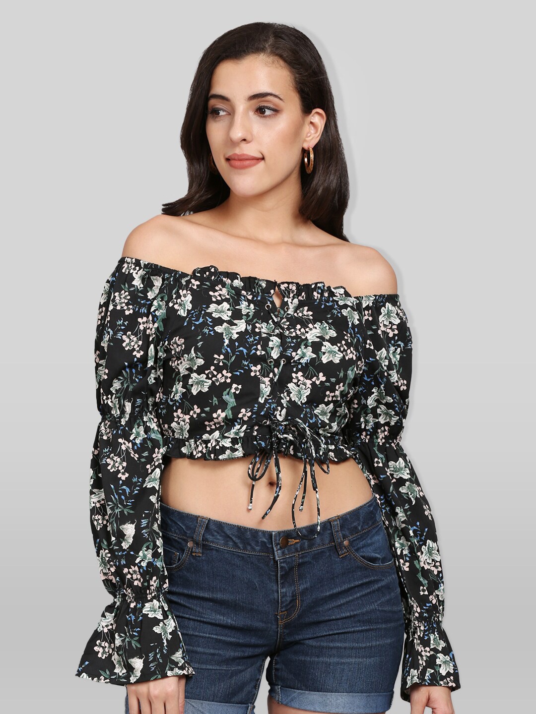 

PRETTY LOVING THING Black & White Floral Print Off-Shoulder Bardot Crop Top
