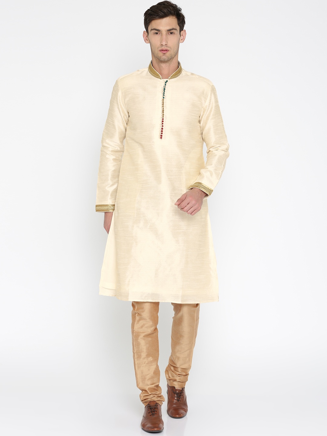 

RG DESIGNERS Men Cream-Coloured & Beige Solid Kurta with Pyjamas