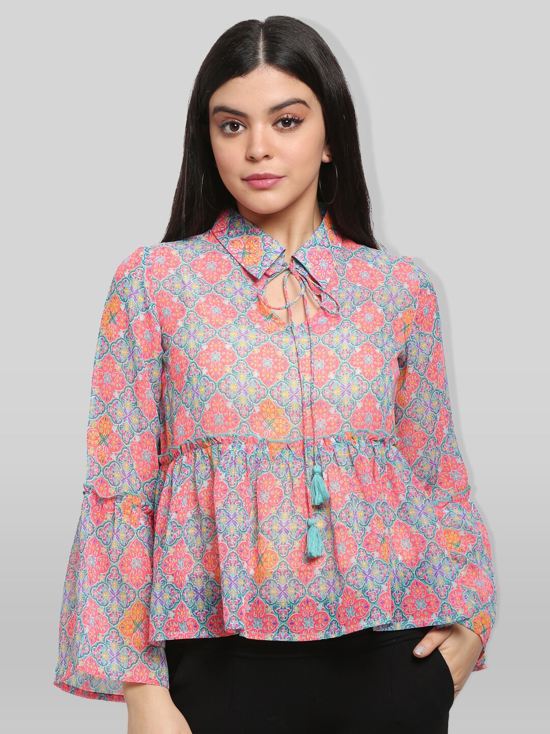 

PRETTY LOVING THING Pink Print Tie-Up Neck Peplum Top