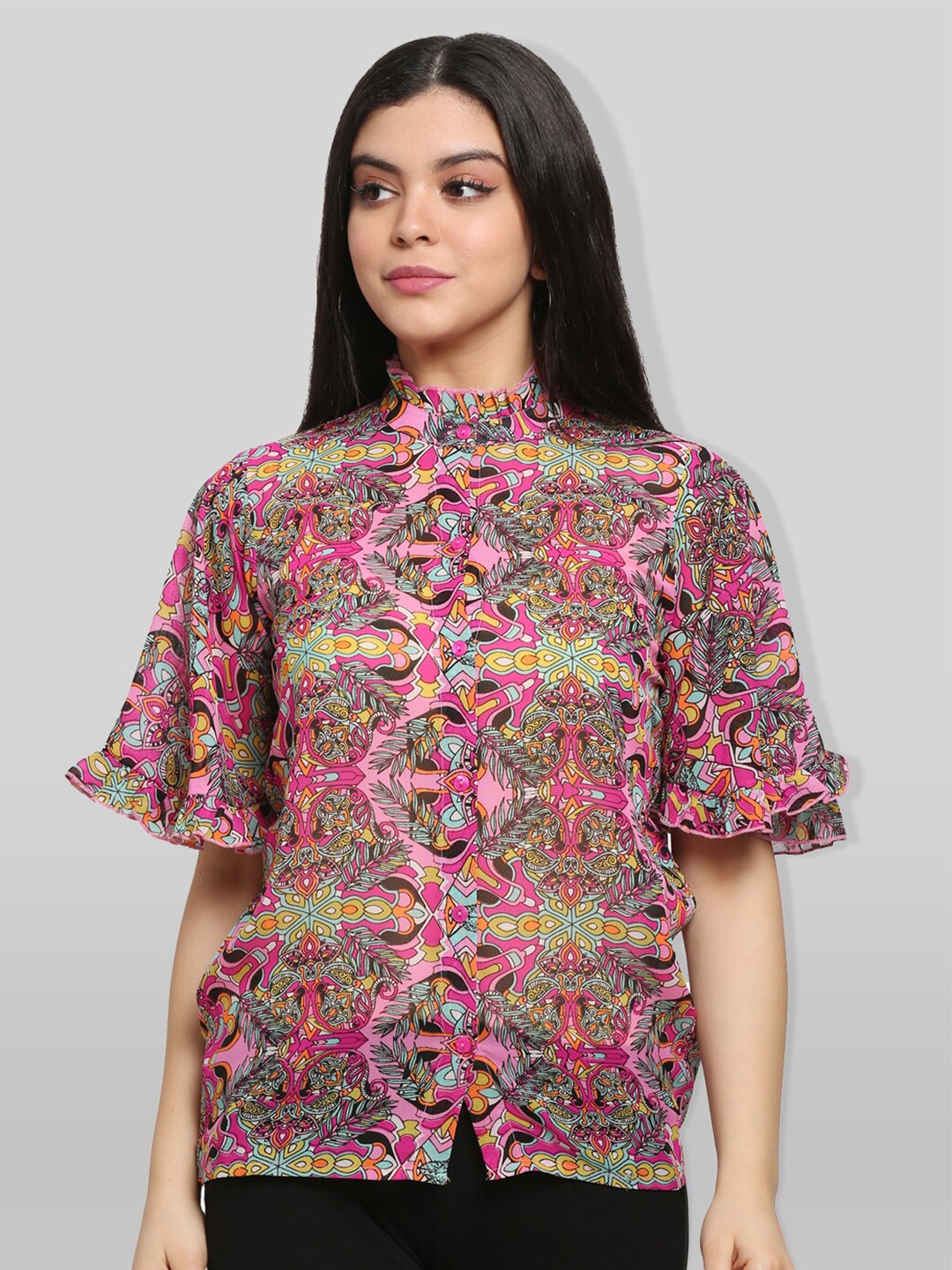 

PRETTY LOVING THING Pink & Green Print Chiffon Shirt Style Top