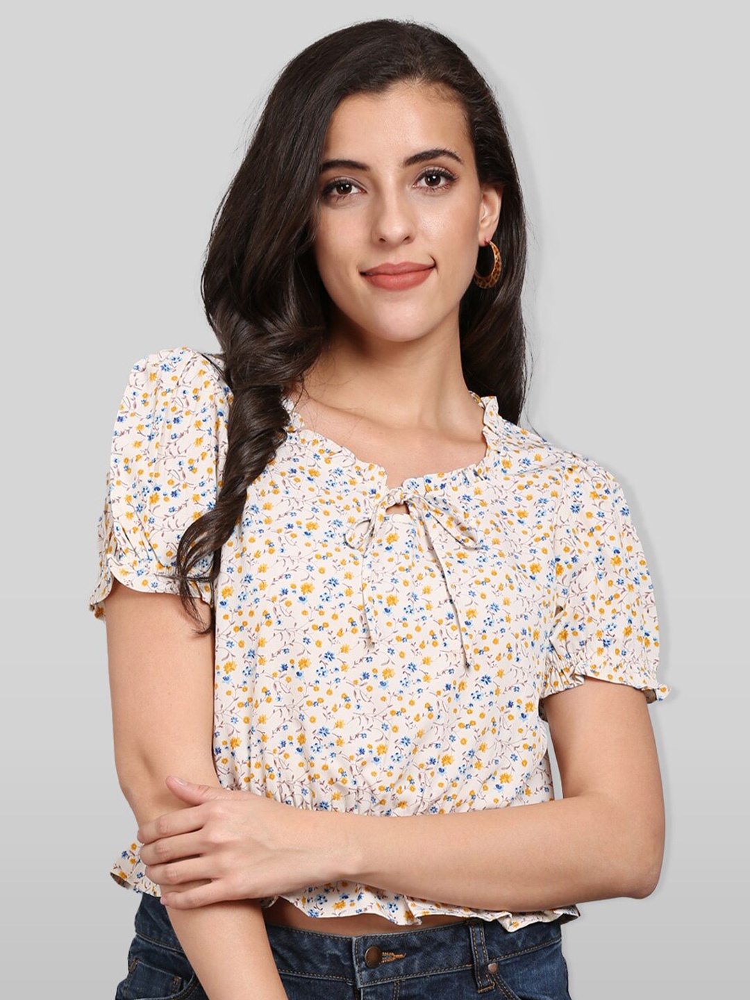 

PRETTY LOVING THING Off White & Orange Floral Print Tie-Up Neck Top