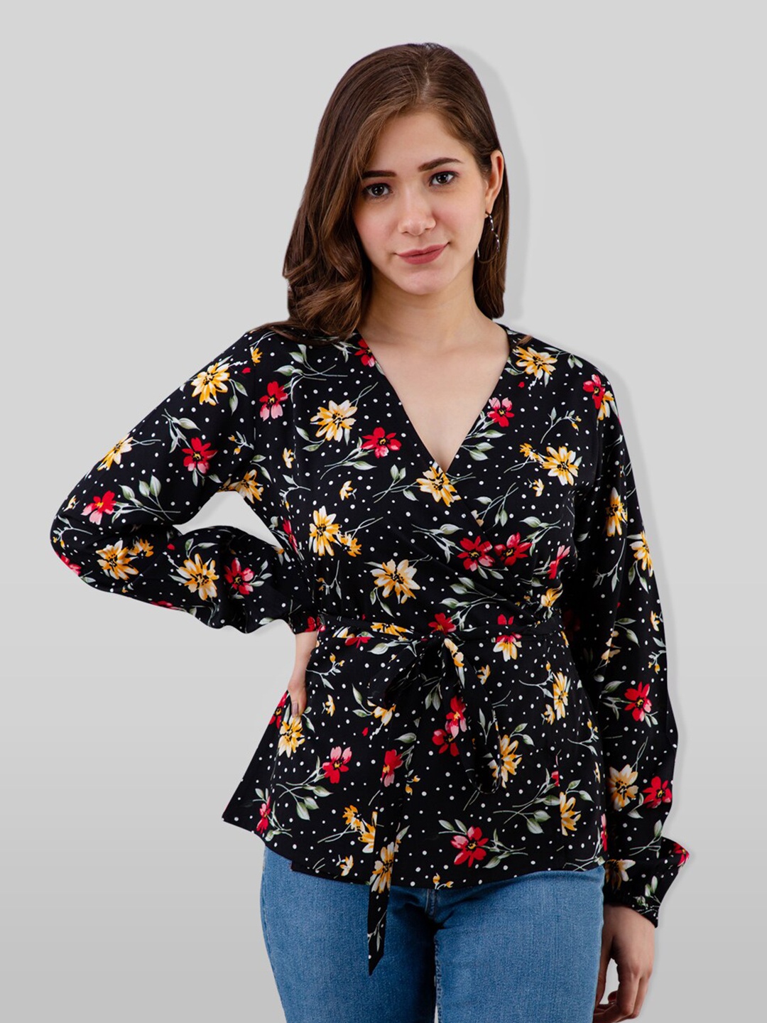 

PRETTY LOVING THING Black Floral Print Wrap Top