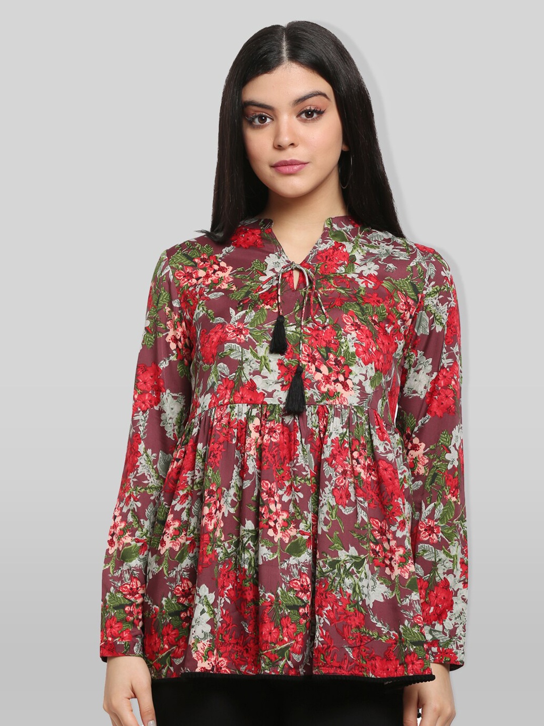 

PRETTY LOVING THING Red Floral Print Tie-Up Neck Empire Top