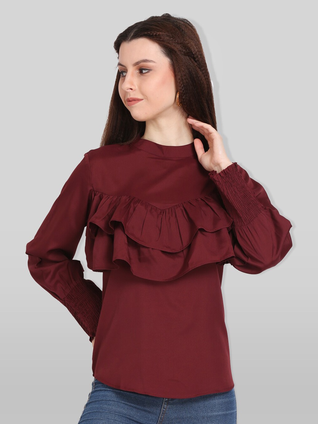 

PRETTY LOVING THING Maroon Mandarin Collar Ruffles Top