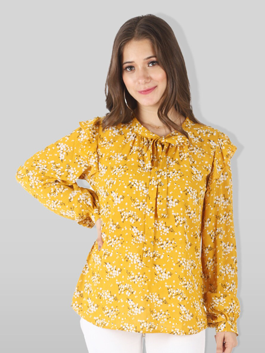 

PRETTY LOVING THING Yellow Floral Print Tie-Up Neck Chiffon Top
