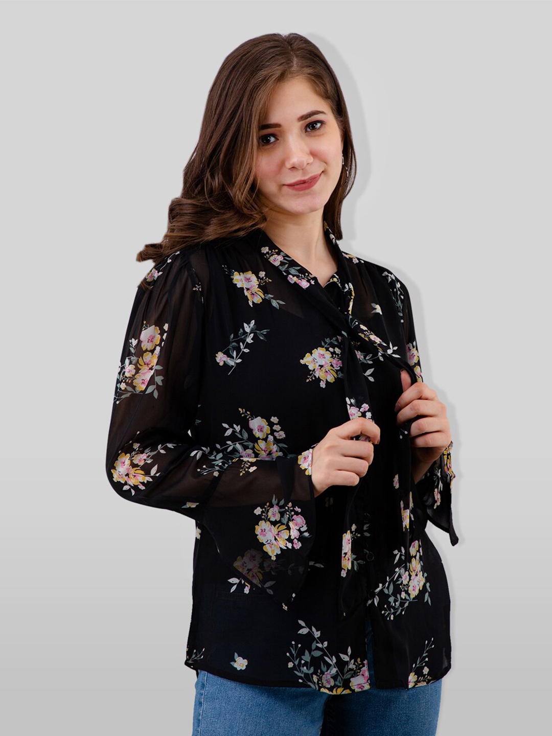 

PRETTY LOVING THING Black Floral Print Chiffon Top