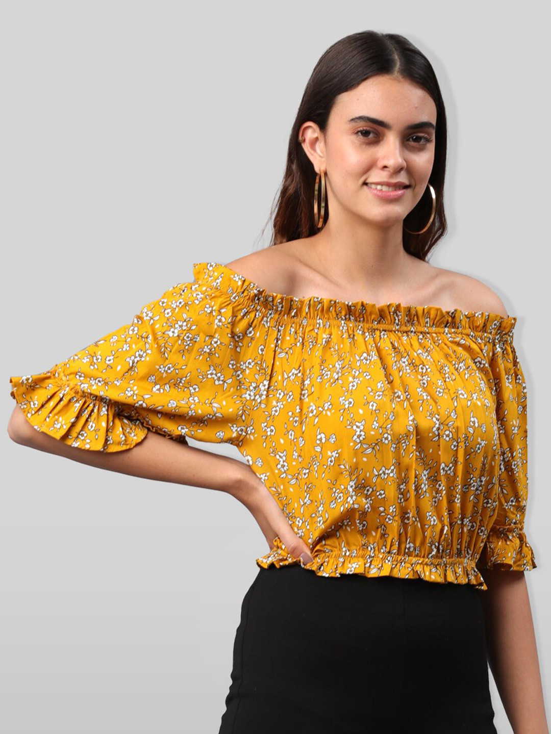 

PRETTY LOVING THING Mustard Yellow Print Off-Shoulder Bardot Top