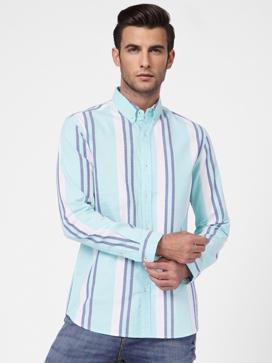 

Jack & Jones Men Slim Fit Striped Casual Shirt, Blue