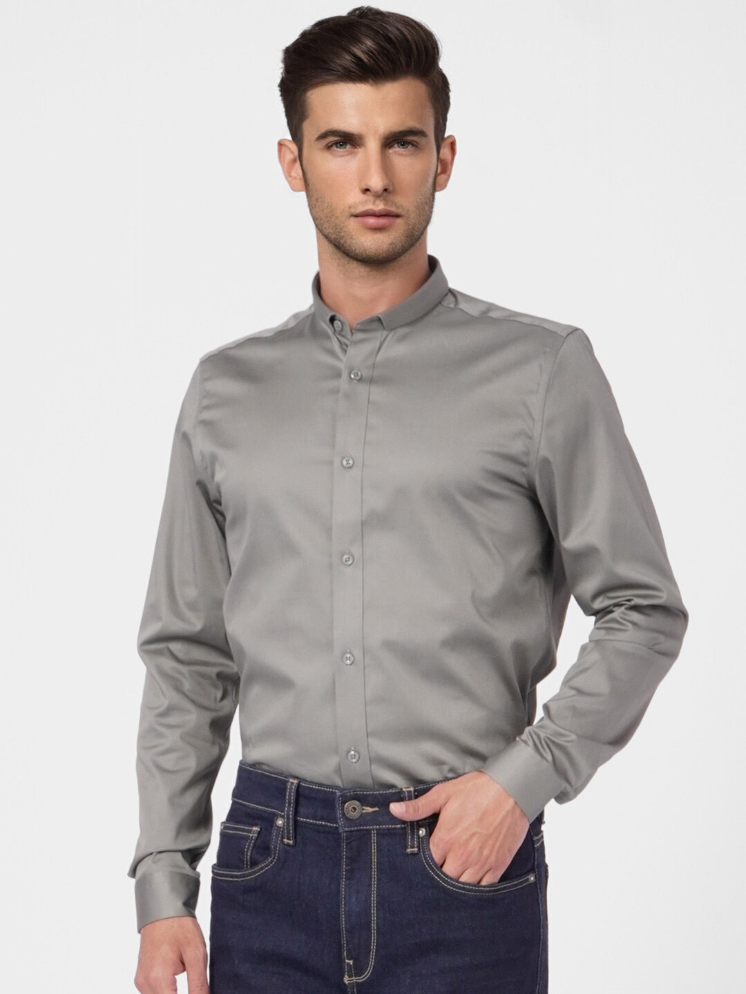 

Jack & Jones Men Grey Cotton Slim Fit Casual Shirt