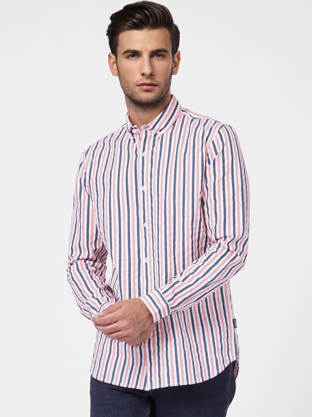 

Jack & Jones Men Slim Fit Striped Casual Shirt, Pink