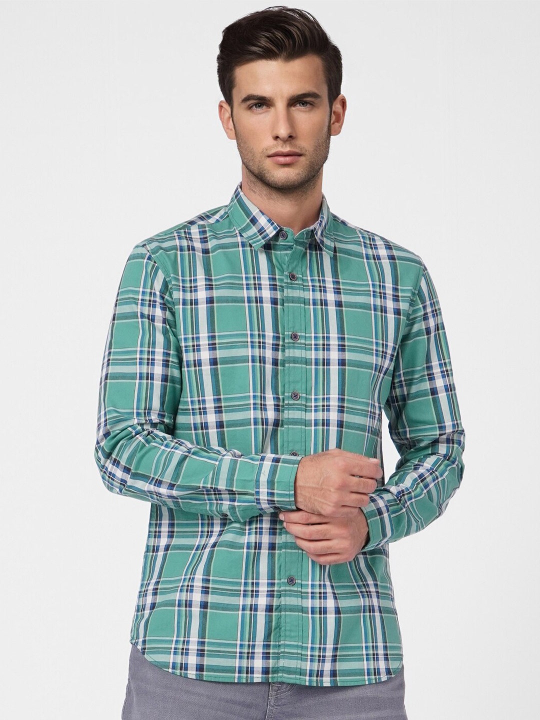 

Jack & Jones Men Slim Fit Tartan Checks Checked Casual Shirt, Green