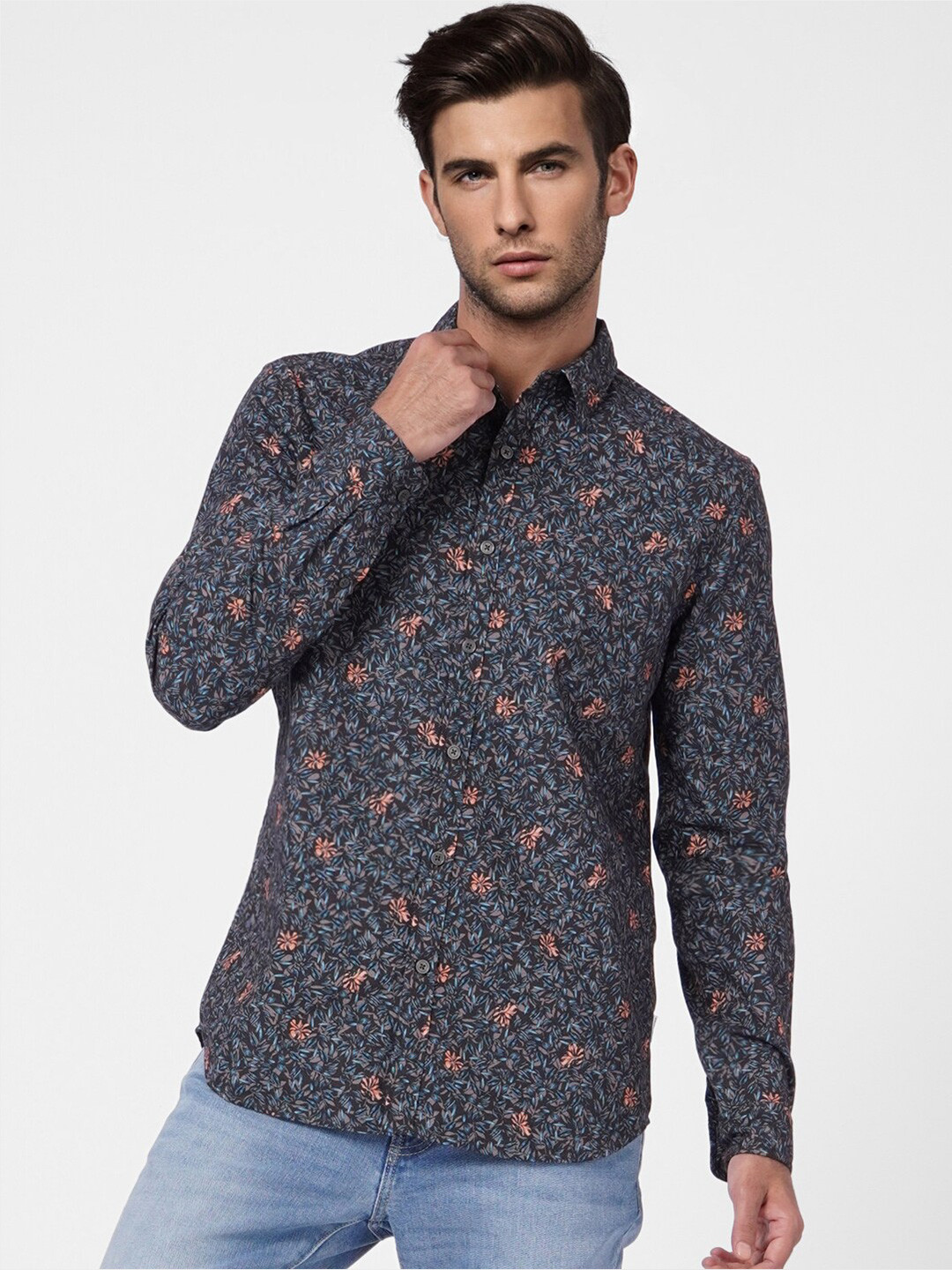 

Jack & Jones Men Cotton Slim Fit Floral Printed Casual Shirt, Navy blue