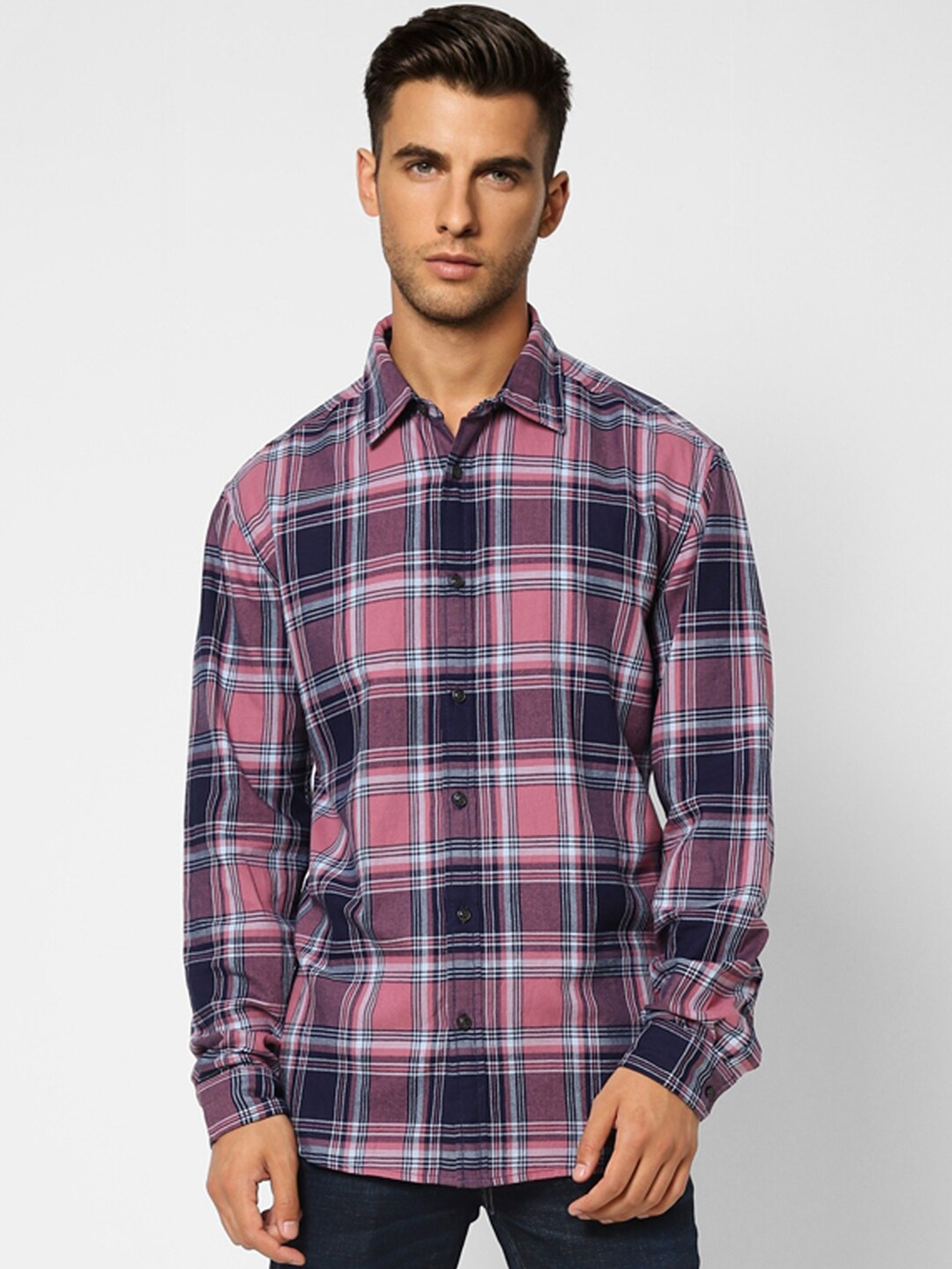 

Jack & Jones Men Pink Cotton Tartan Checks Checked Casual Shirt