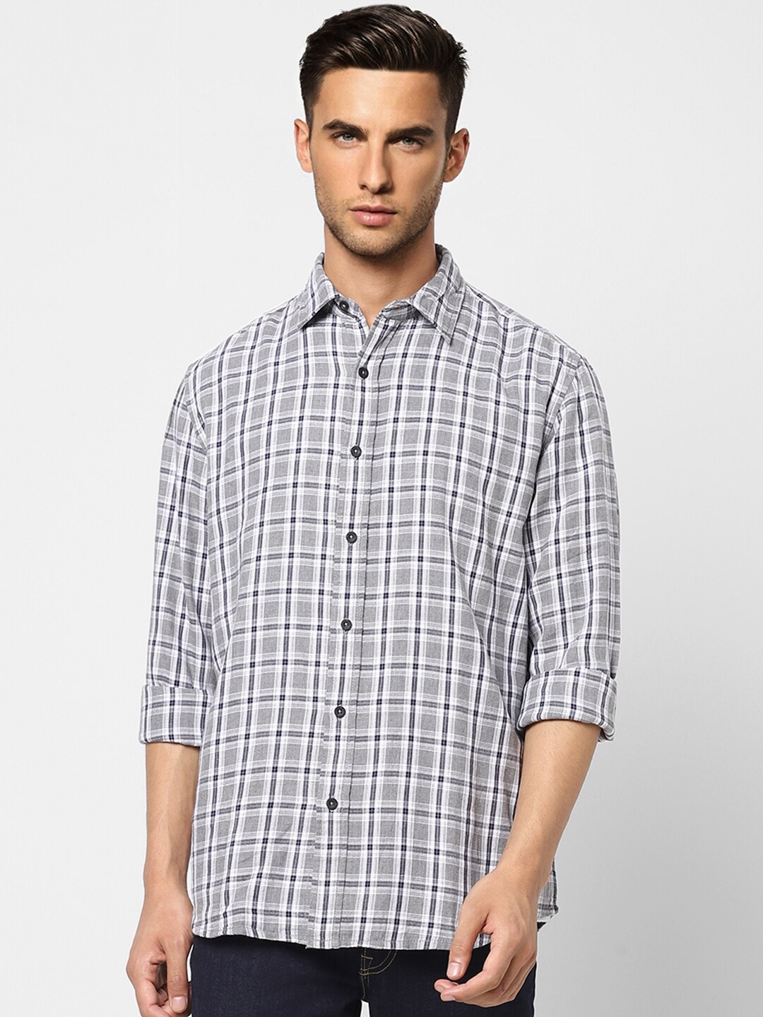 

Jack & Jones Men Grey Cotton Tartan Checks Checked Casual Shirt
