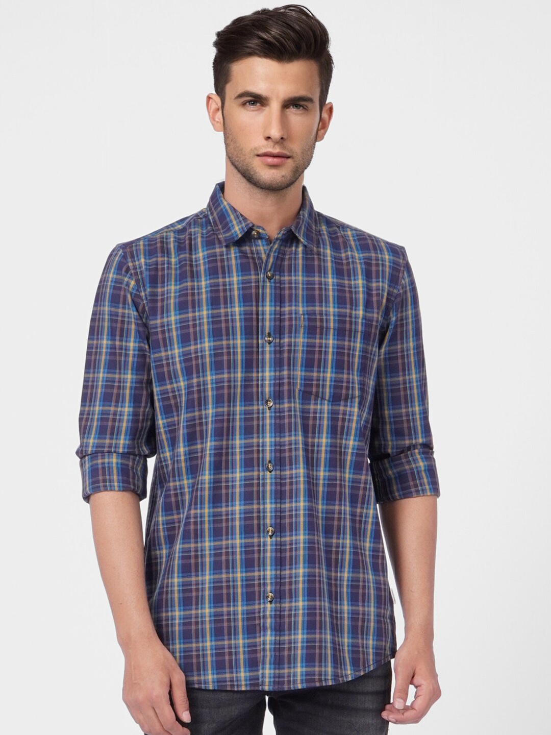 

Jack & Jones Men Navy Blue Cotton Slim Fit Tartan Checks Checked Casual Shirt