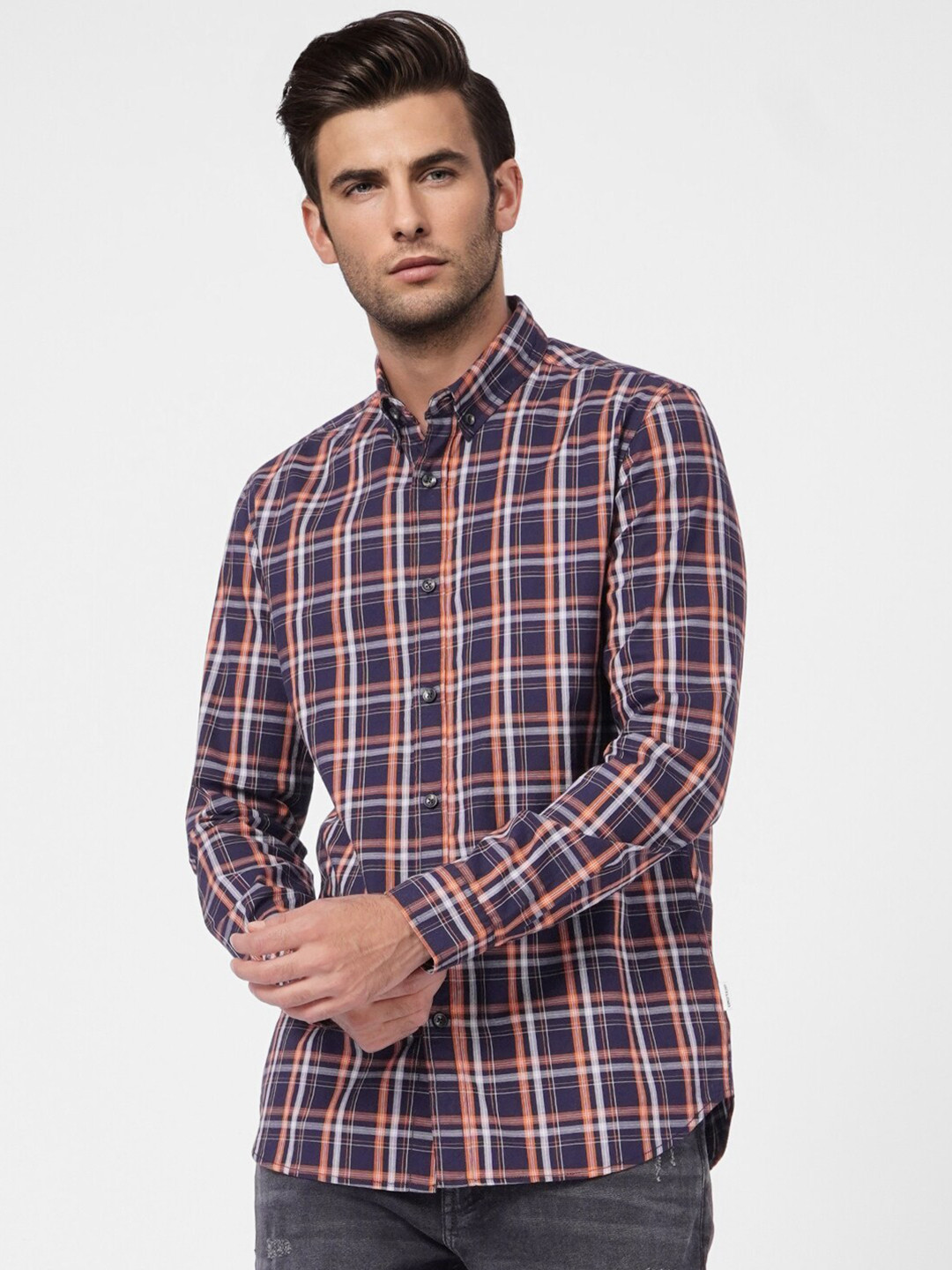 

Jack & Jones Men Navy Blue Cotton Slim Fit Tartan Checks Checked Casual Shirt