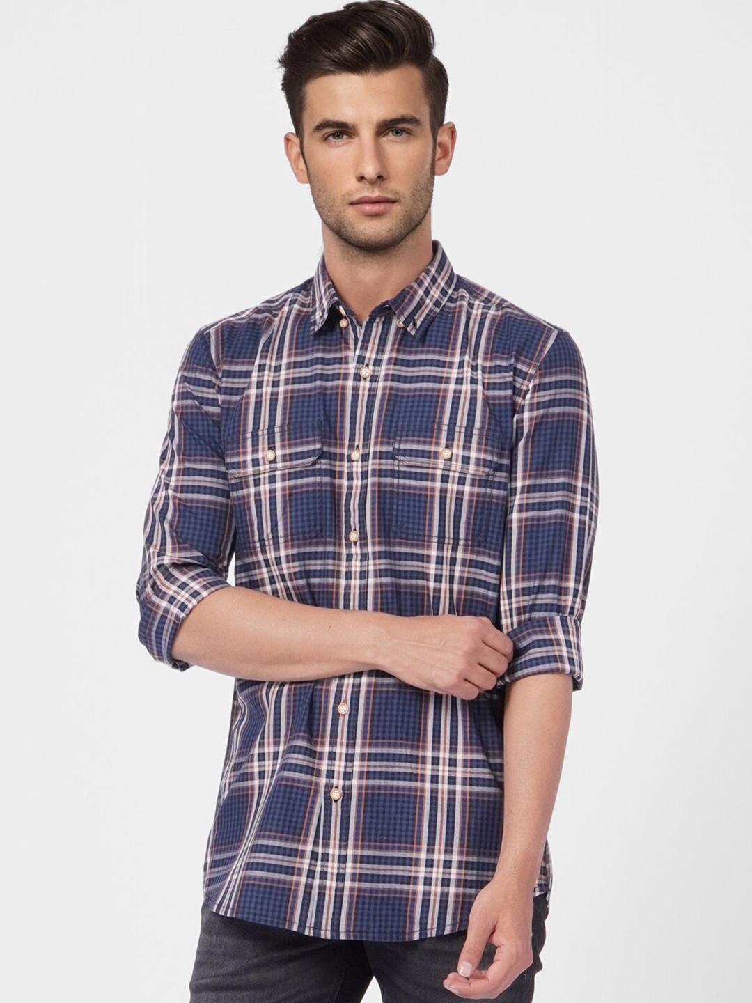 

Jack & Jones Men Blue Cotton Slim Fit Tartan Checks Checked Casual Shirt