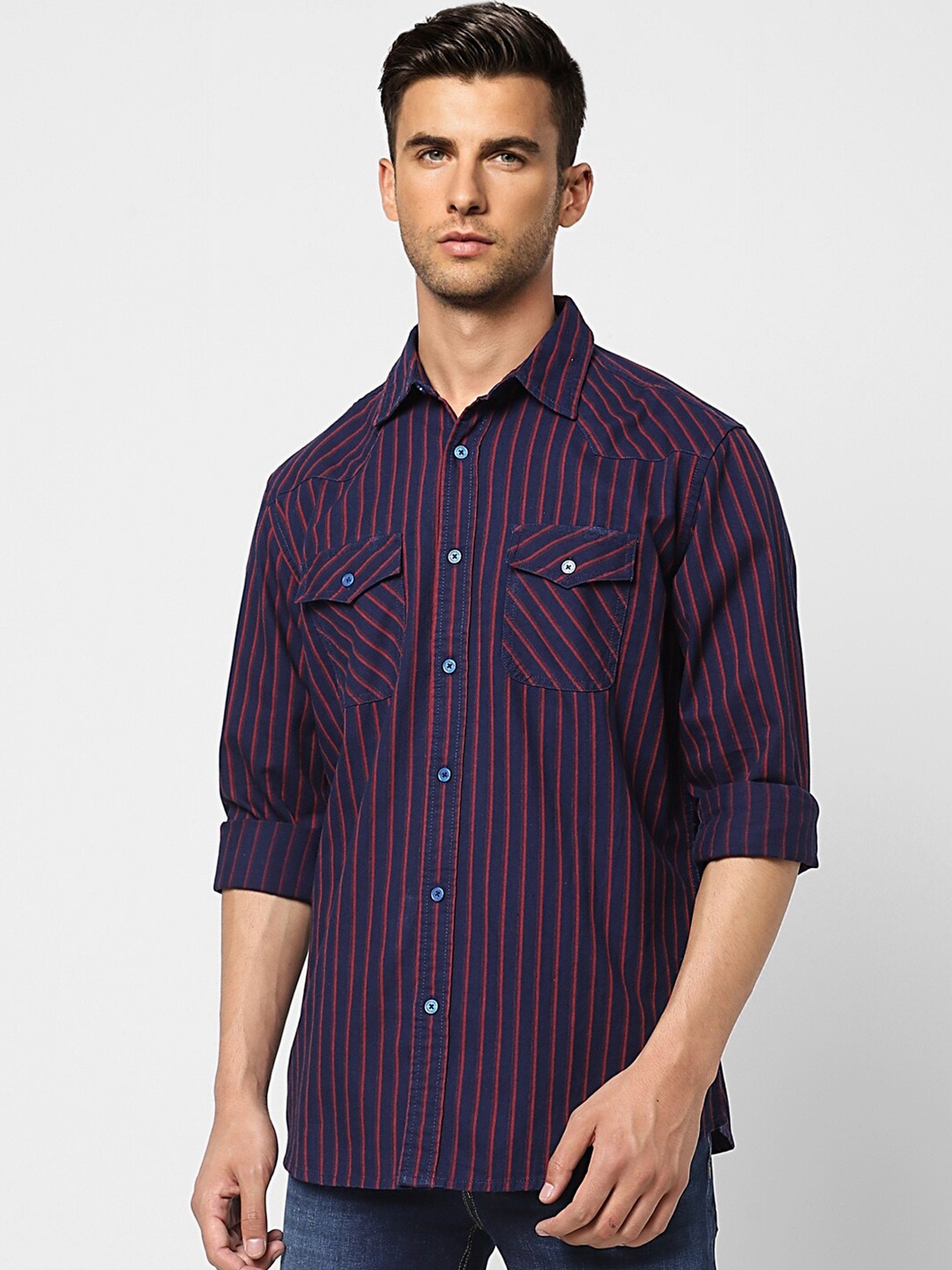 

Jack & Jones Men Navy Blue Cotton Striped Casual Shirt