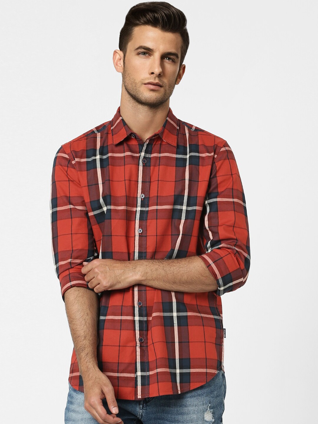 

Jack & Jones Men Red Cotton Slim Fit Tartan Checks Checked Casual Shirt