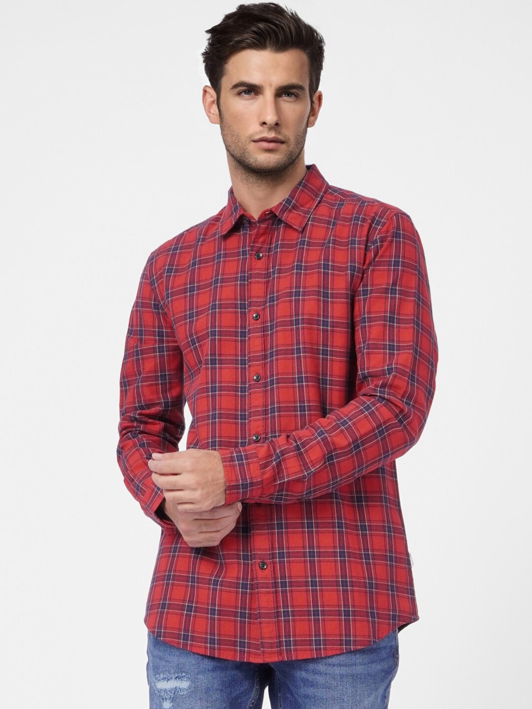 

Jack & Jones Men Red Cotton Slim Fit Tartan Checks Checked Casual Shirt